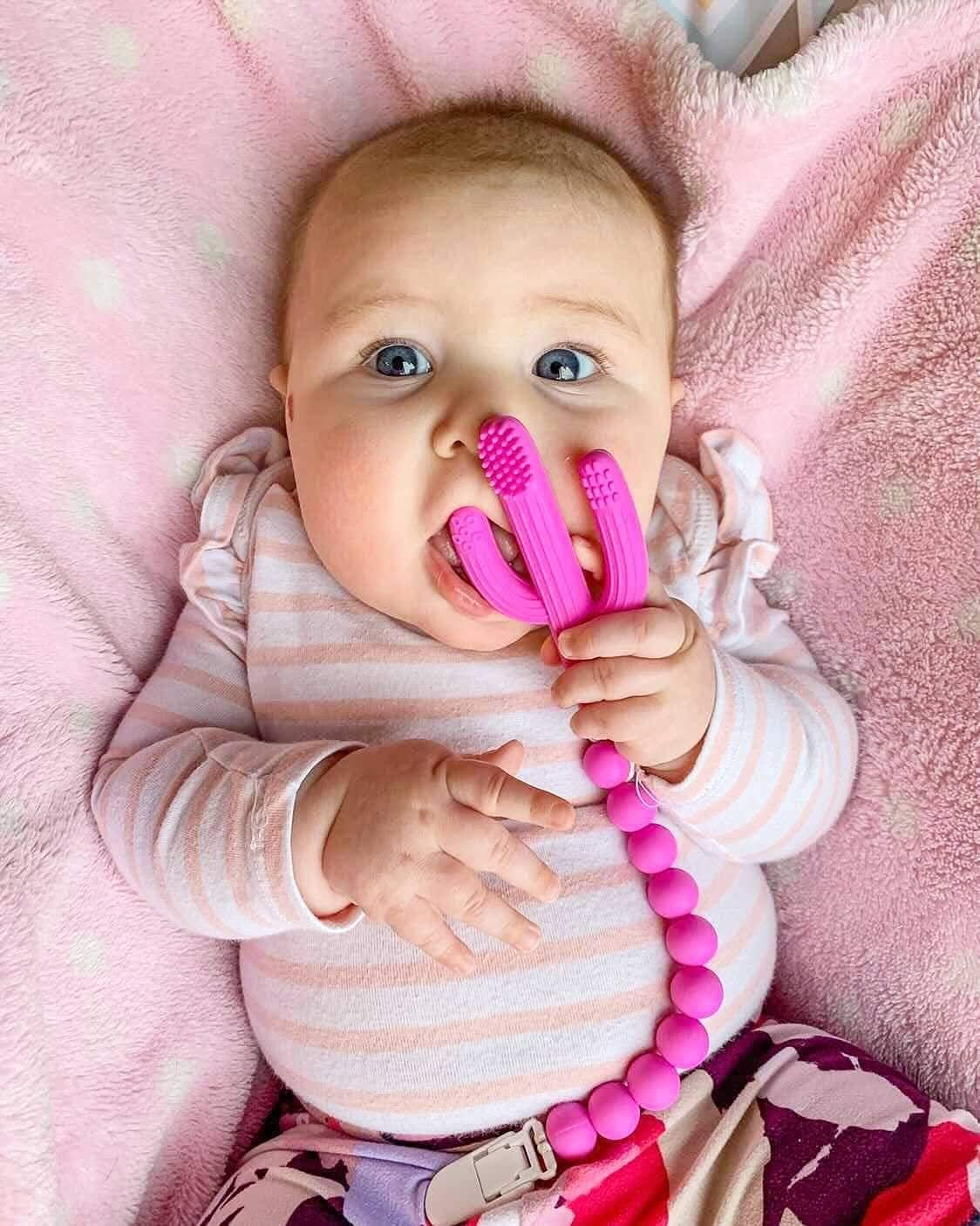 Pickle & Olive Baby Cactus Teether Toy- Infant Training Toothbrush, with Soother/Binky/Pacifier/Dummy Chain Holder/Strap (Pink) image number 4