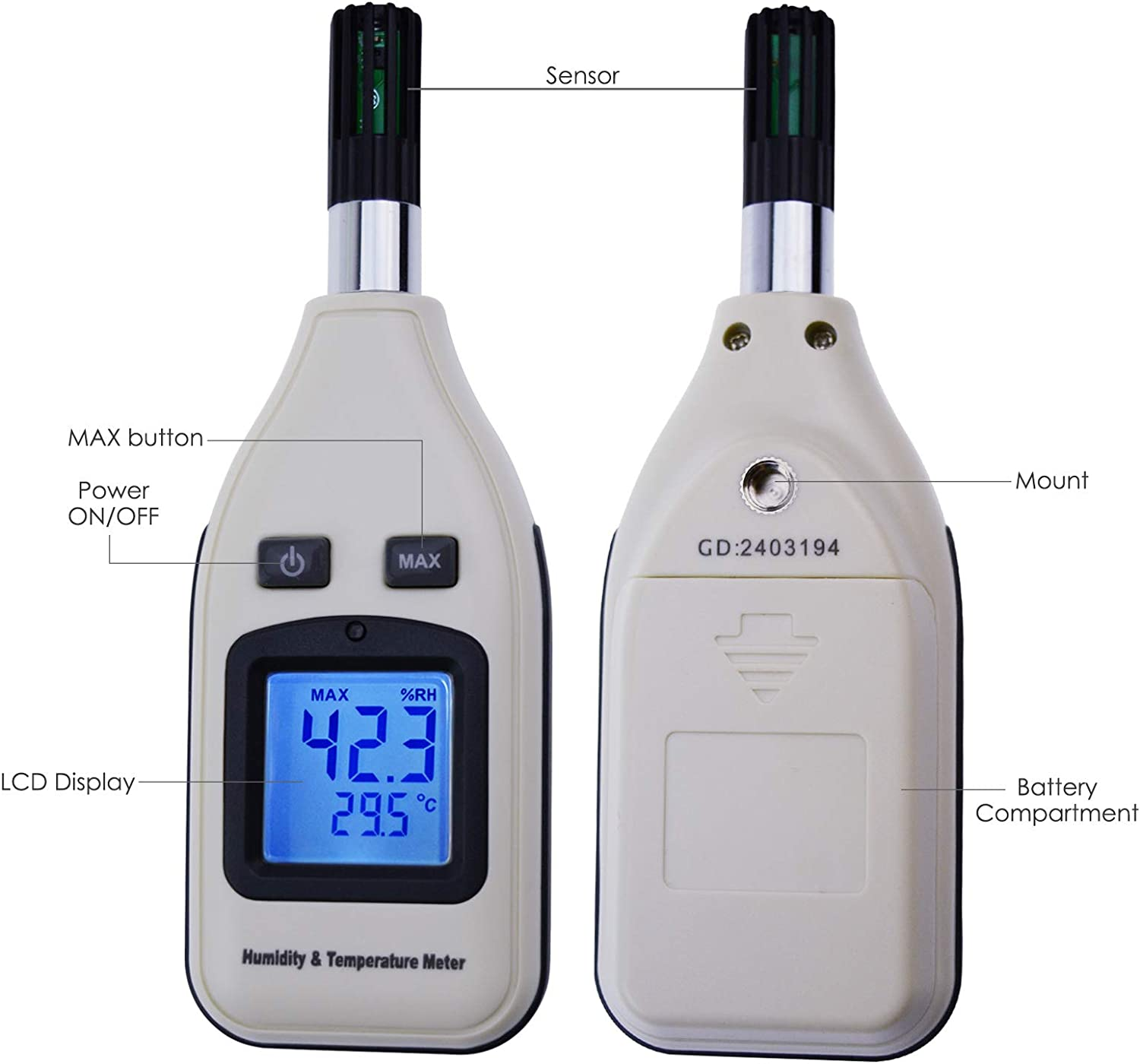 Handheld Digital Humidity & Temperature Meter 0~100% RH/ -30~70&deg;C (-22~158&deg;F) LCD Display Backlight Moisture Thermo Hygrometer Thermometer Small Tester Gauge for Home Kitchen Indoor Outdoor image number 2