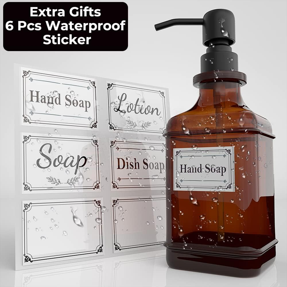 GLADPURE Soap Dispenser 2 Pack, Hand Soap Dispensers with 18 Oz Antique Design Thick Amber Glass Bottle, 316 Rust Proof Stainless Steel Black Pump, 6Pcs Stickers, for Lotion, Soap, Essential Oil image number 1
