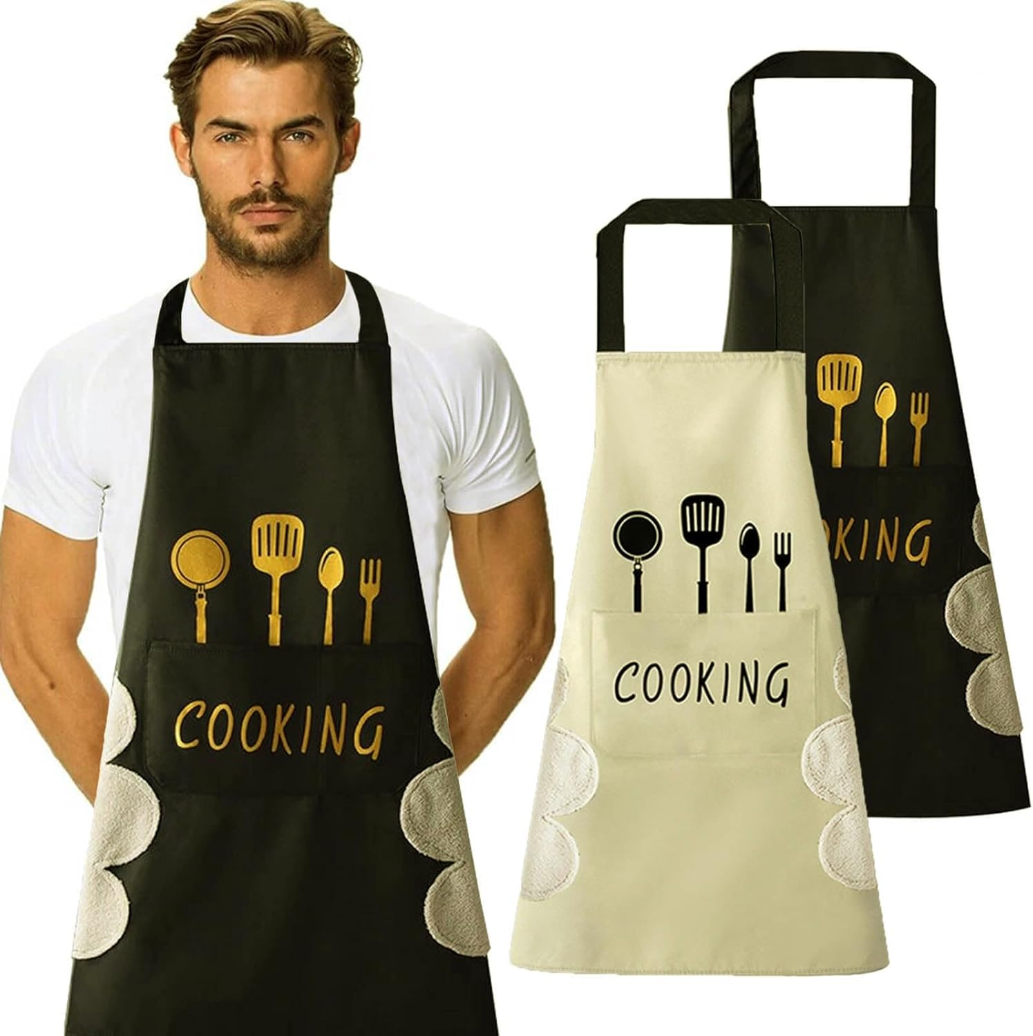2 PCS Kitchen Apron, Waterproof Kitchen Apron with Hand Wipe, Adjustable Chef Aprons for Kitchen, Cooking, Baking, BBQ, Grill