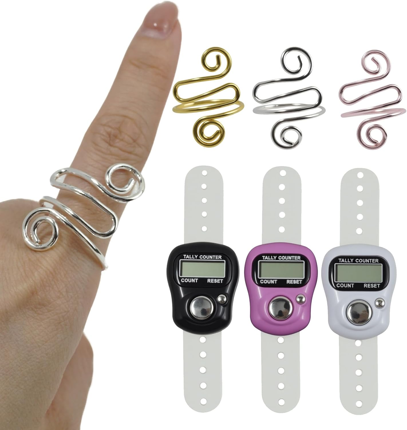 6 Pcs Electronic Finger Tally Counter Crochet Tension Rings Set, Mini LCD Digital Display Handheld Pitch Clicker, Adjustable Crochet Yarn Tension Ring for Knitting Crocheting Easy to Carry (Colors) image number 3