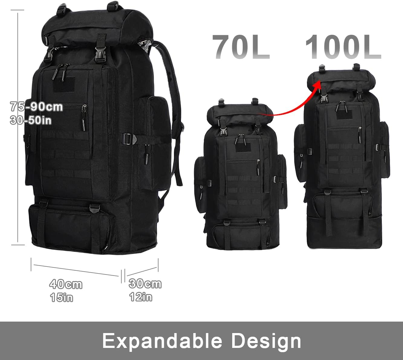 SUCIKORIO Tactical Backpack 100L Black Military Backpack Molle Assault Pack Army Outdoor Rucksack Great Capacity for Hiking, Camping,Trekking image number 4
