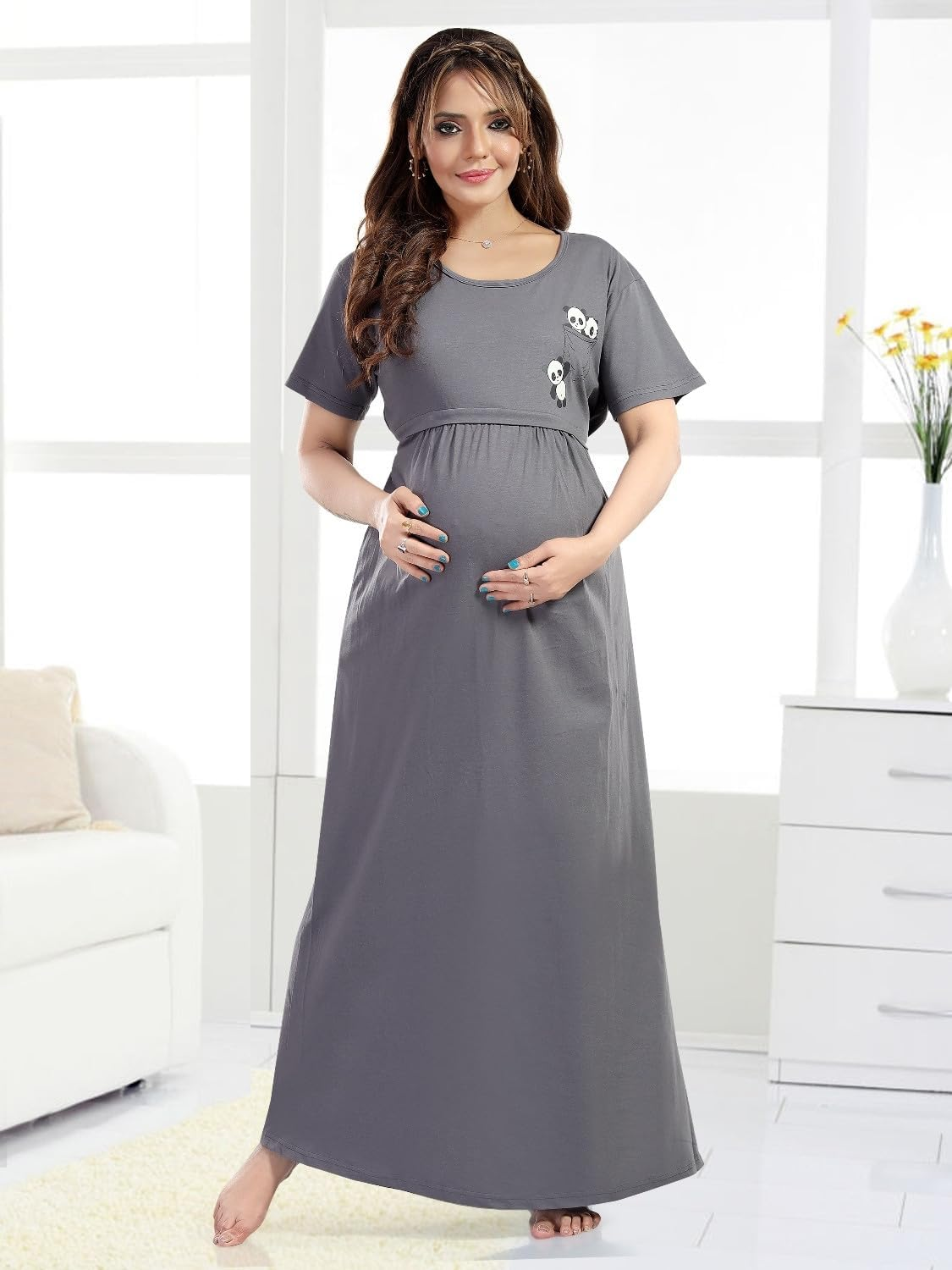 Fabme Women'S Full Length Pure Cotton Pre and Post Pregnancy Nursing Nightdress Nighty