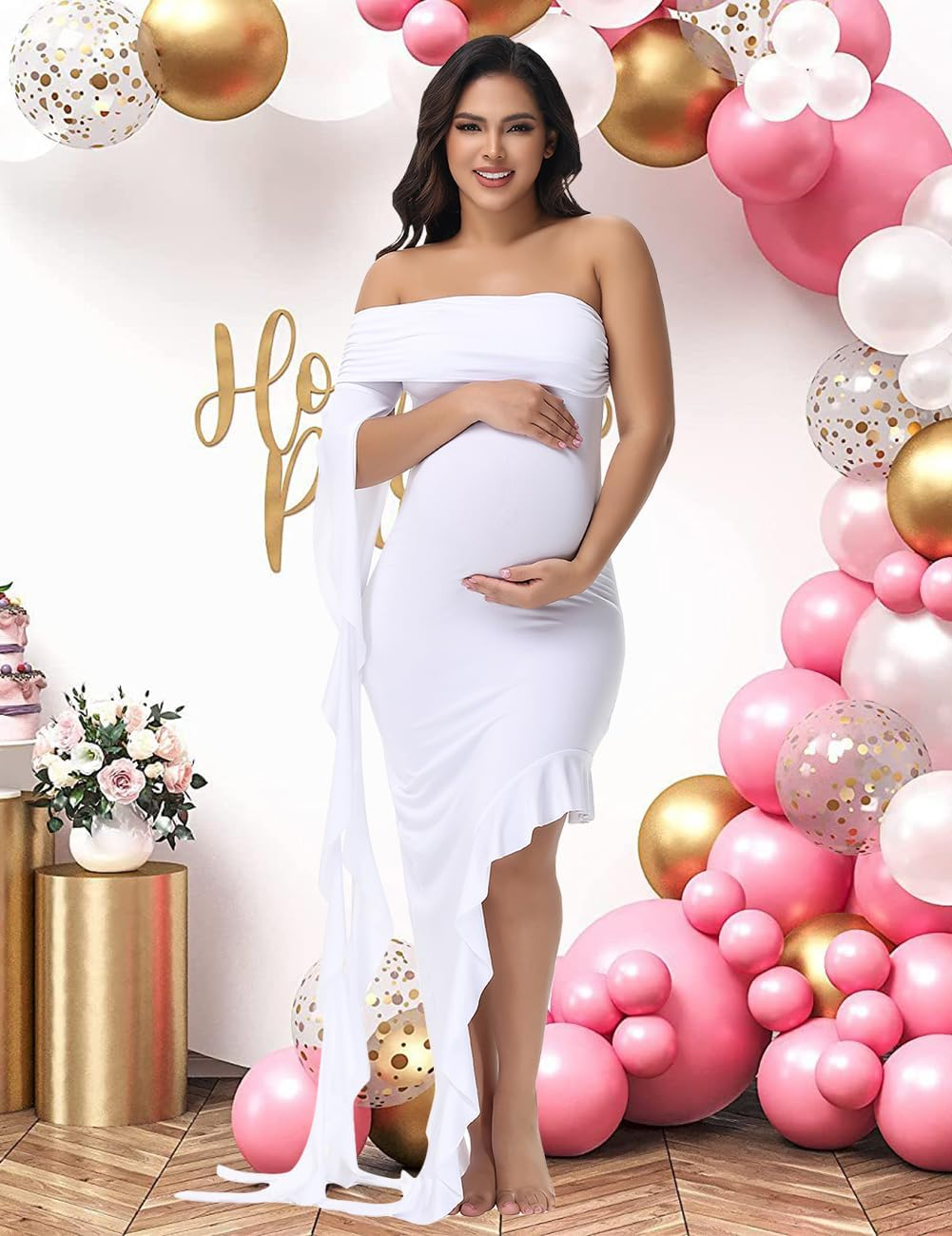 Justvh Maternity off Shoulder Ruffle Sleeves Irregular Hem Pregnancy Photography Dress for Baby Shower Photoshoot image number 5