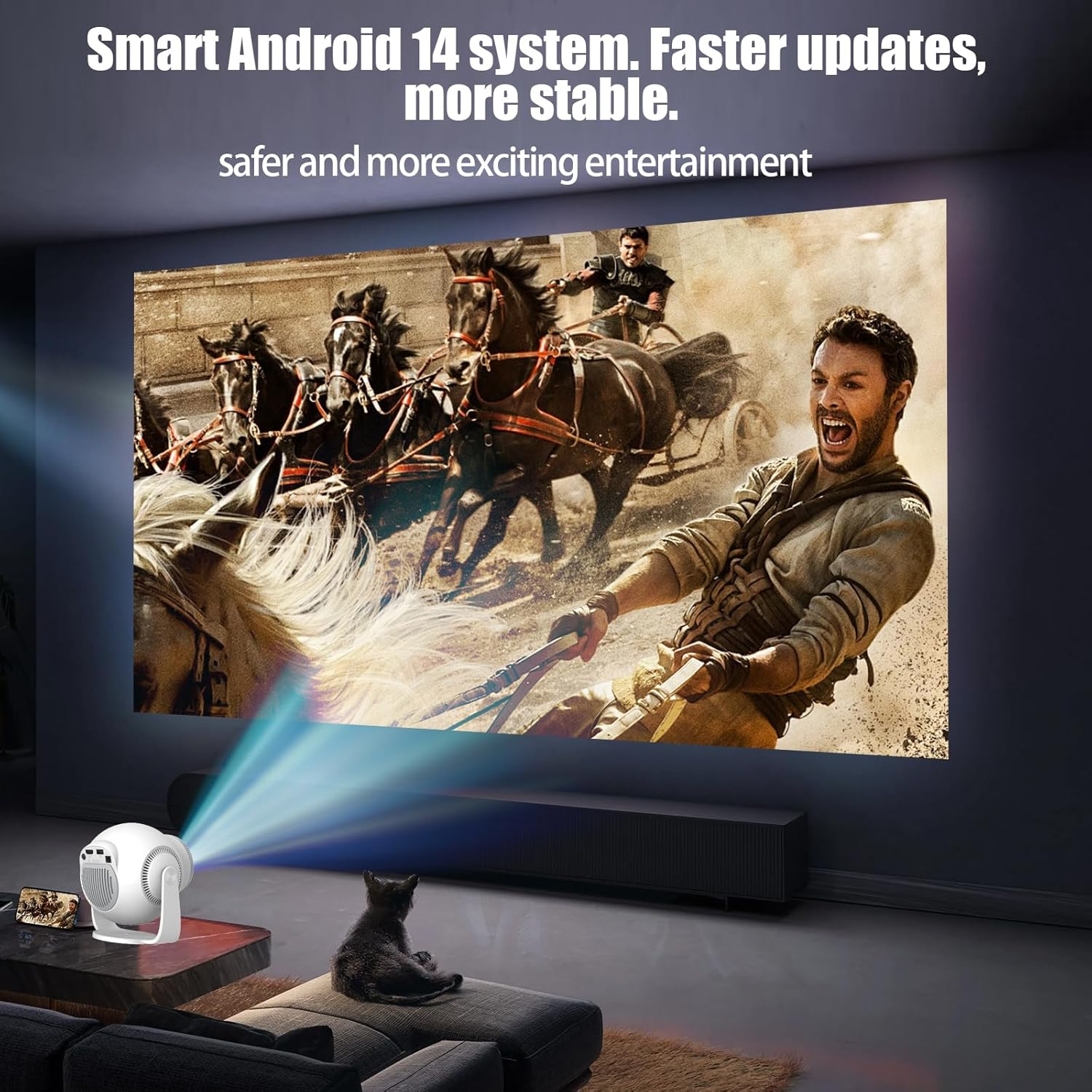 Mini Projector with 4K & 8K 1080FHD, Portable Projector with Android 14, 5G Wifi 6 and Bluetooth 5.4, 270&deg; Rotation, Smart Projector with HDMI/USB/DC, Automatic Horizontal Keystone Correction