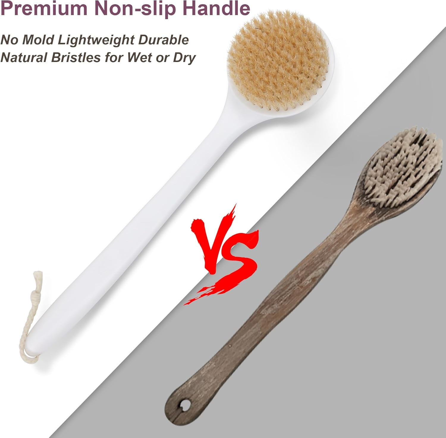 OWIIZI Back Scrubber for Shower with Natural Bristles anti Slip Bath Brushes Long Handle Antiskid Shower Body Scrubber for Wet or Dry Exfoliating Back Scrub Deep Cleanse image number 1