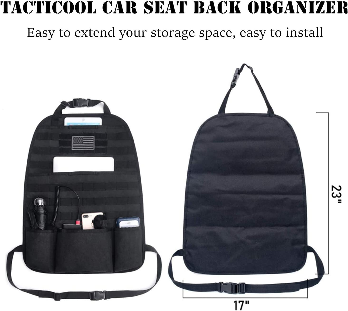 Tacticool Car Seat Back Organizer - Upgraded Tactical Molle Vehicle Panel Universal Fit Car Seat Cover Protector with Extra USA Flag Patch (2 Pack Black) image number 3
