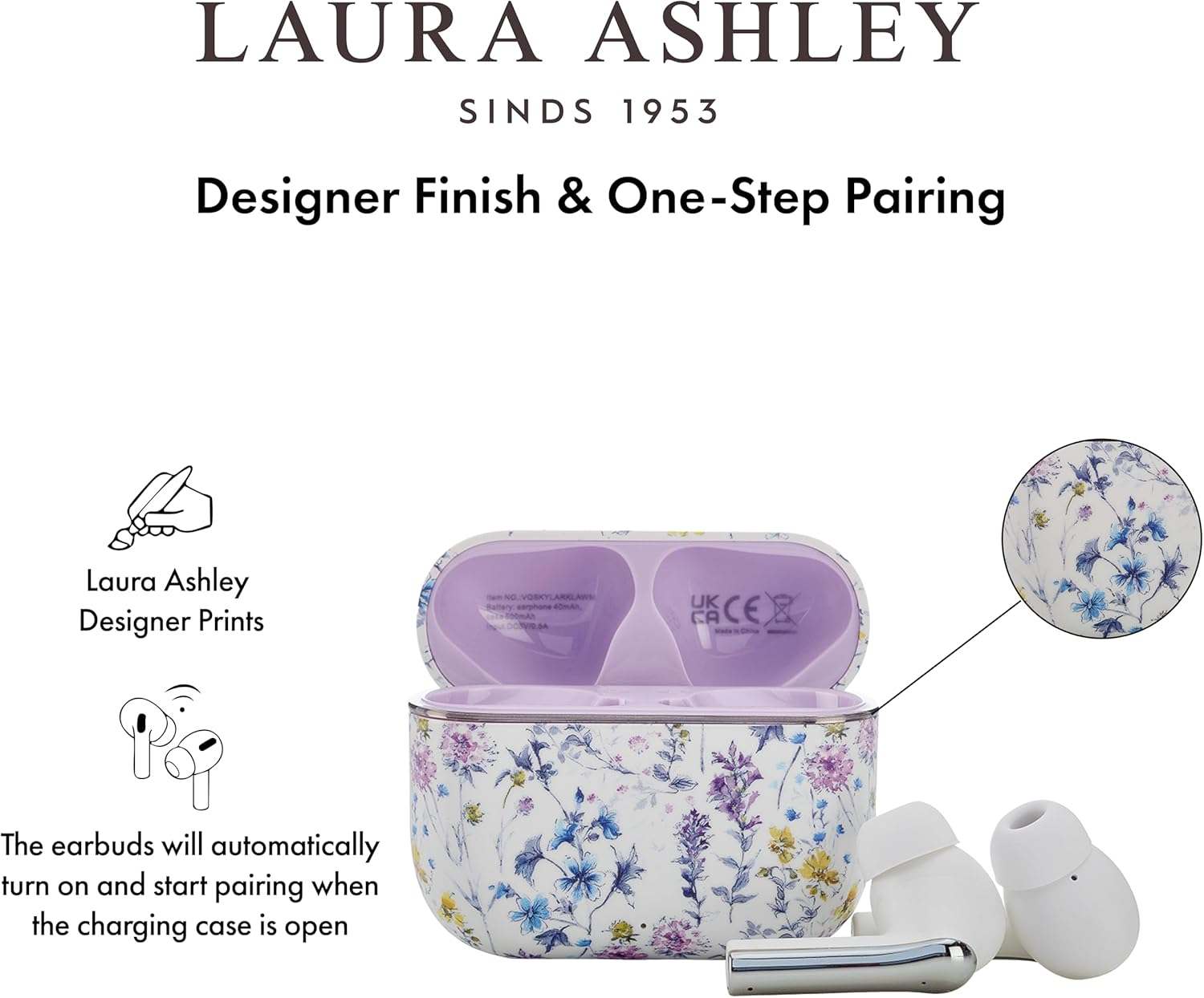 Laura Ashley TWS Wireless Earbuds by VQ - Skylark Wireless Earphones with Bluetooth 5.4, HD Mic & ENC Noise Cancelling - 40H Backup Rechargeable Ear Buds Compatible with Ios & Android - Wild Meadow