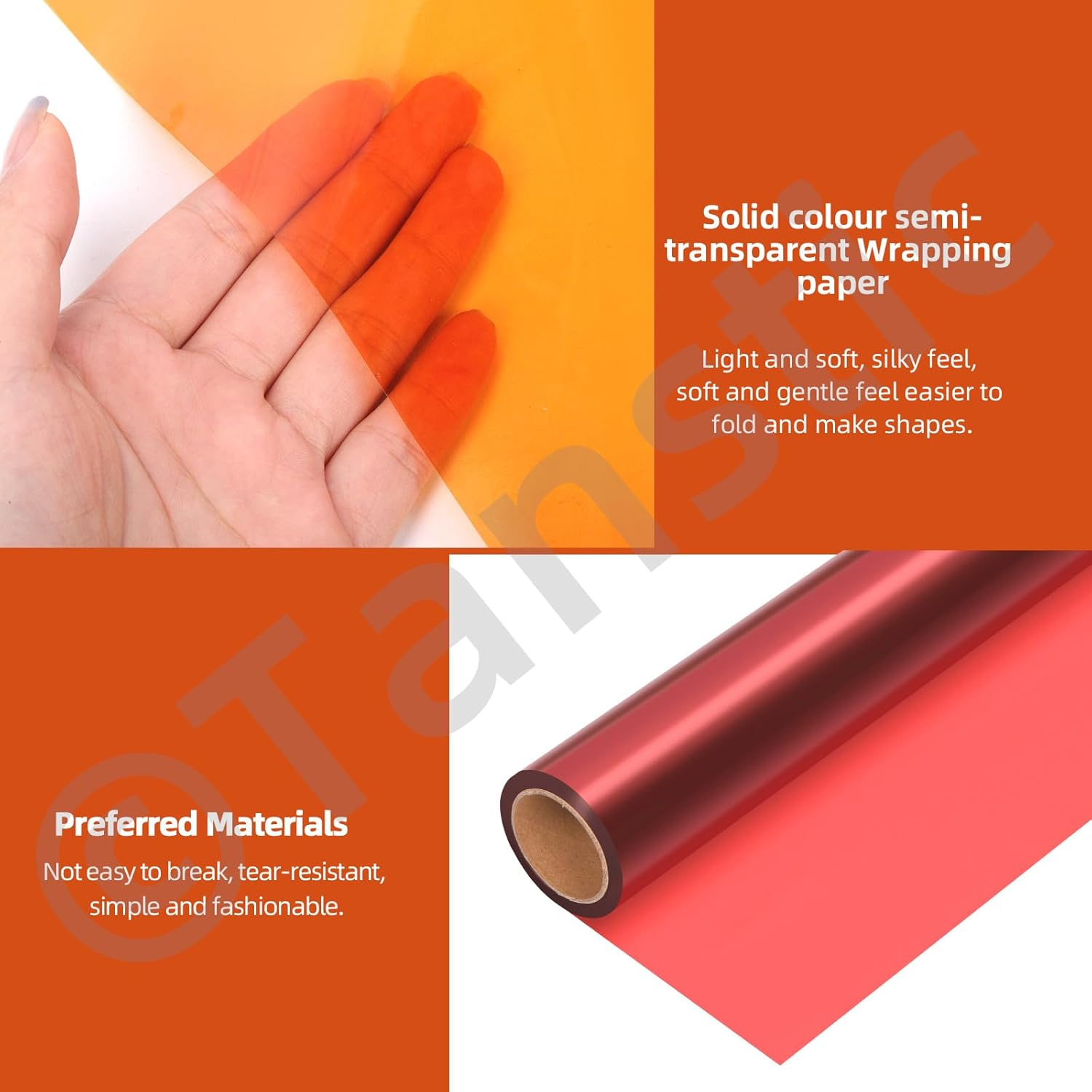 Tanstic 15.7 Inch X 98 Feet Orange Cellophane Wrap Roll, 2.3 Mil Thick Transparent Colored Cellophane Wrapping Paper, Colored Cellophane Paper for Gift Baskets, Treats, Flower image number 2