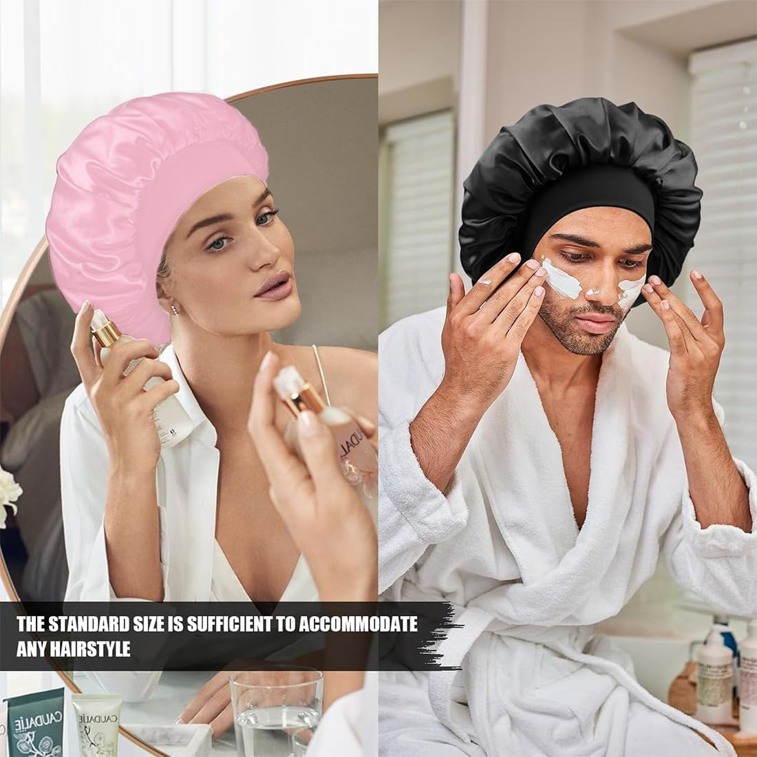 DWFEYOI Satin Sleeping Cap, Pack of 2 Silk Caps, Adjustable Hair Cap, Silk with 2 Satin Hair Bobbles, Night Sleep Cap, Women Girls Breathable Sleeping Cap, Sleeping Cap (Black, Pink)