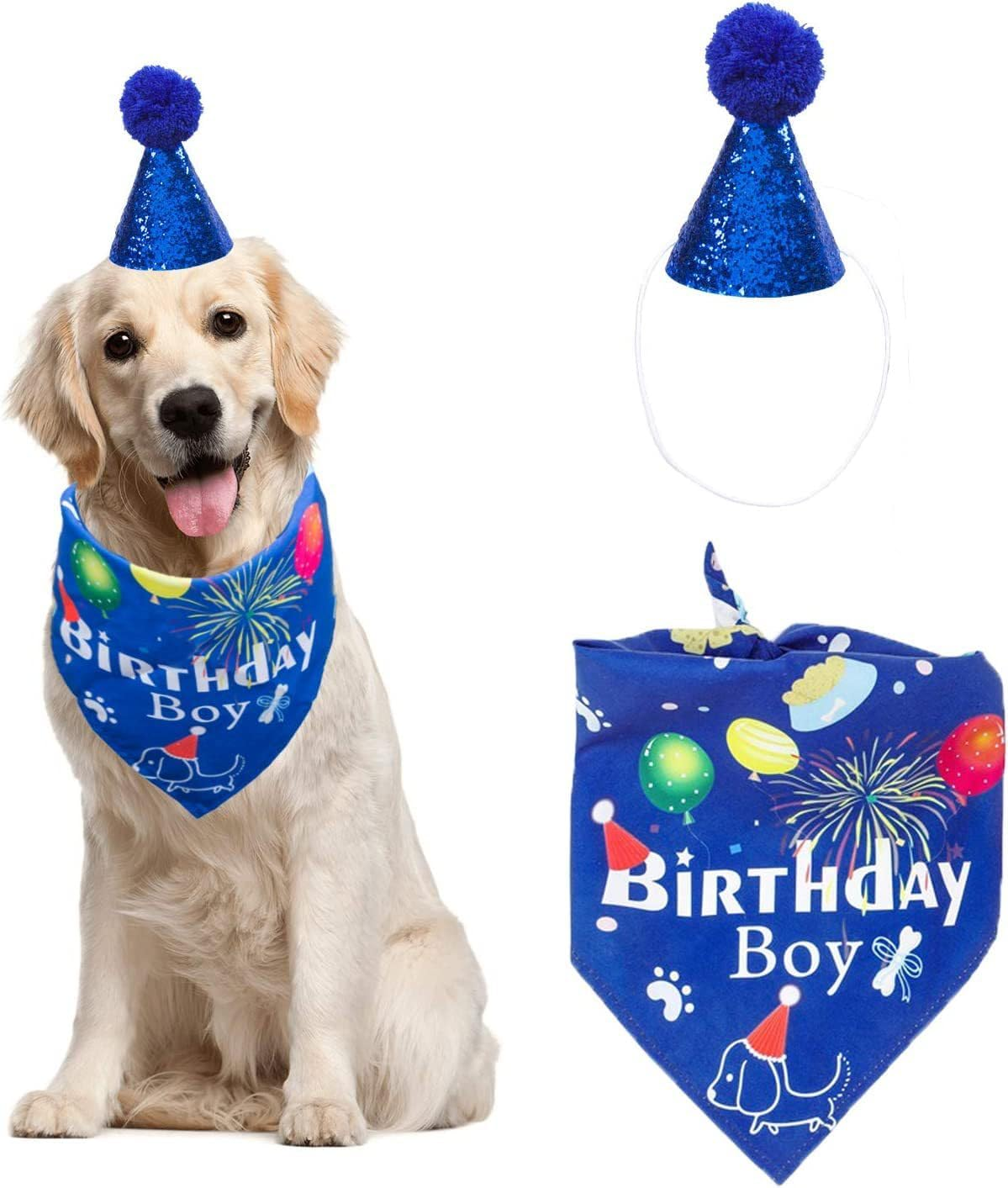 Dog Birthday Party Set, Blue Birthday Boy Bandana and Glitter Party Hat with Pom Pom image number 1