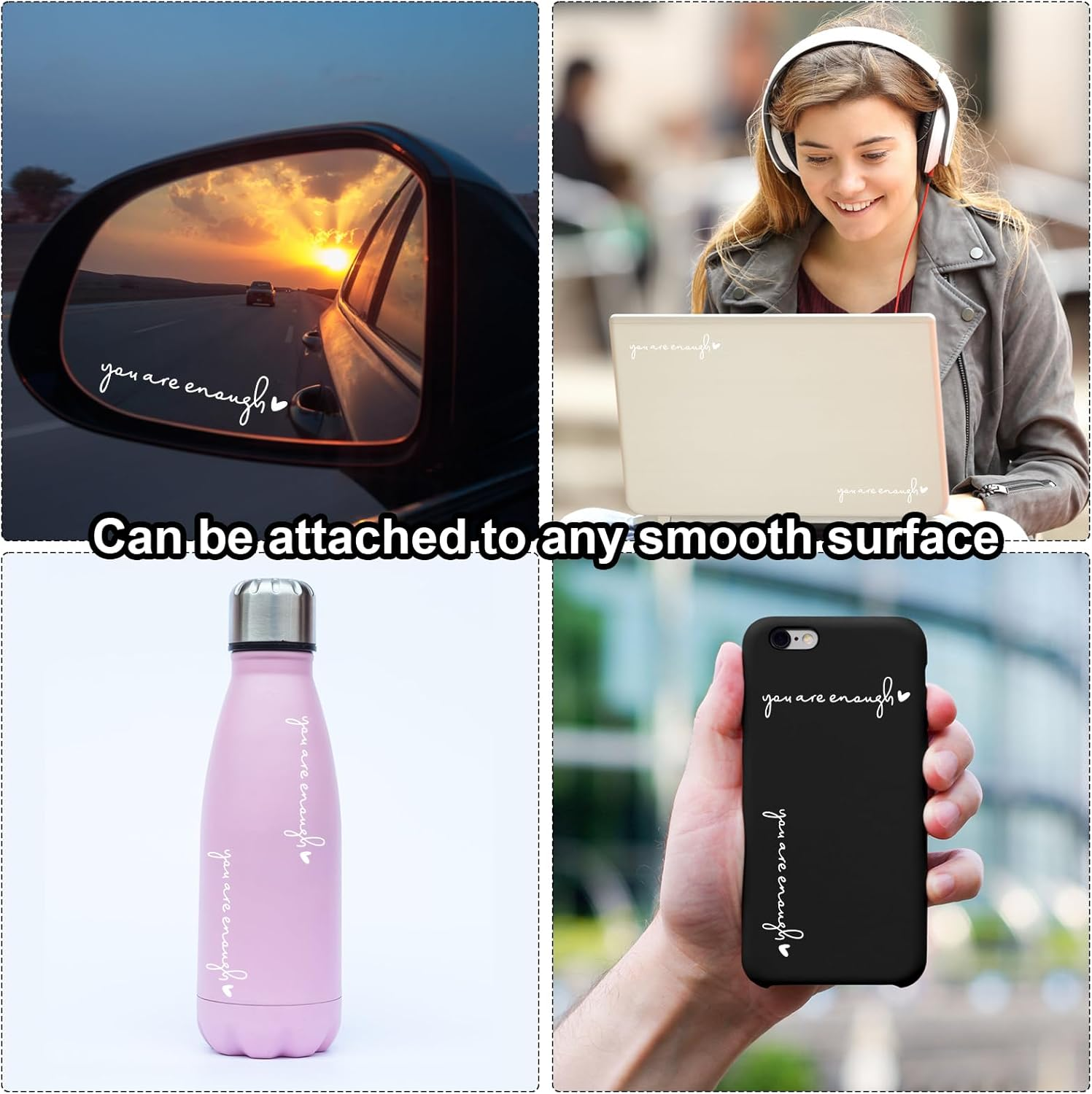 4X You Are Enough Rearview Mirror Decal, Rear View Mirror Sticker, Car Window Decals, Self Affirmations Vanity Mirror Stickers for Women Water Bottle Laptop Bumper Car Accessories Gifts (White) image number 1
