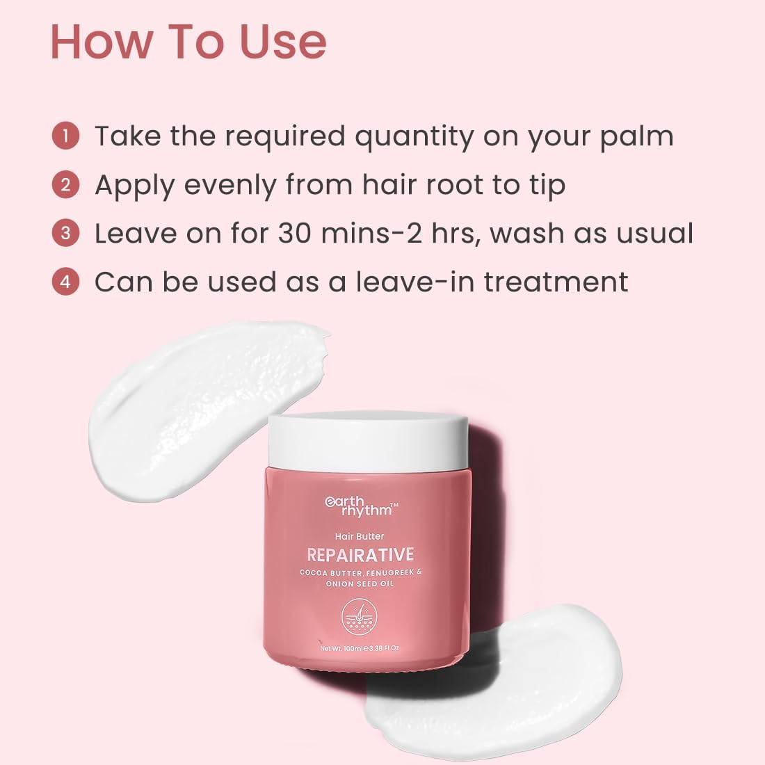 Earth Rhythm Repairative Hair Butter Mask with Onion Oil for Hairfall & Regrowth | Contains Cocoa Butter, Fenugreek|Men & Women| Sulphate & Paraben Free - 100Ml image number 2