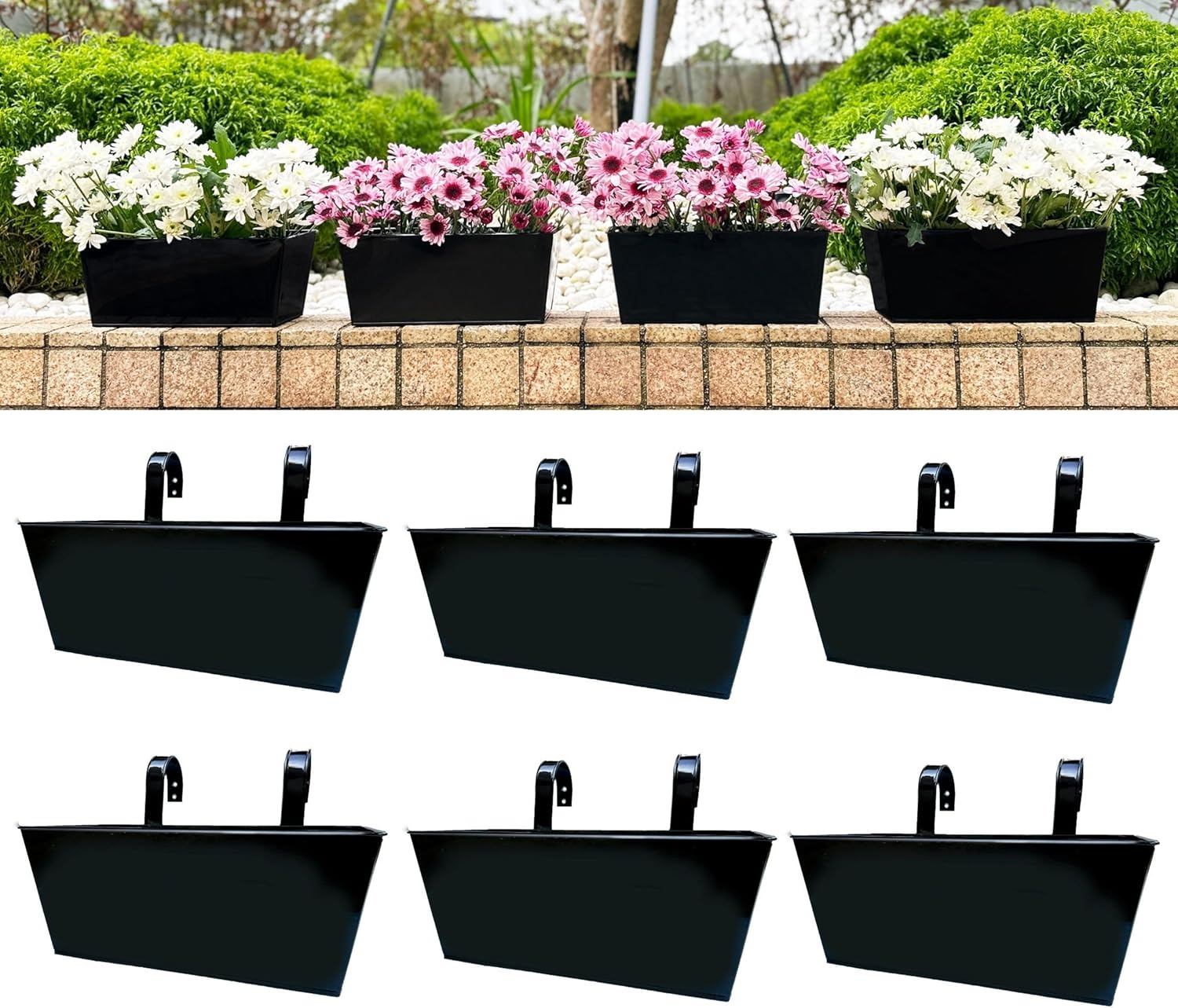 Lalagreen Rail Planters (6 Pack, 14 Inch) Black Metal Rectangle Strawberry Window Boxes Outdoor Balcony Deck Railing Fence Hanging Flower Herb Pot with Detachable Hook Patio Porch Farmhouse Minimalist image number 2