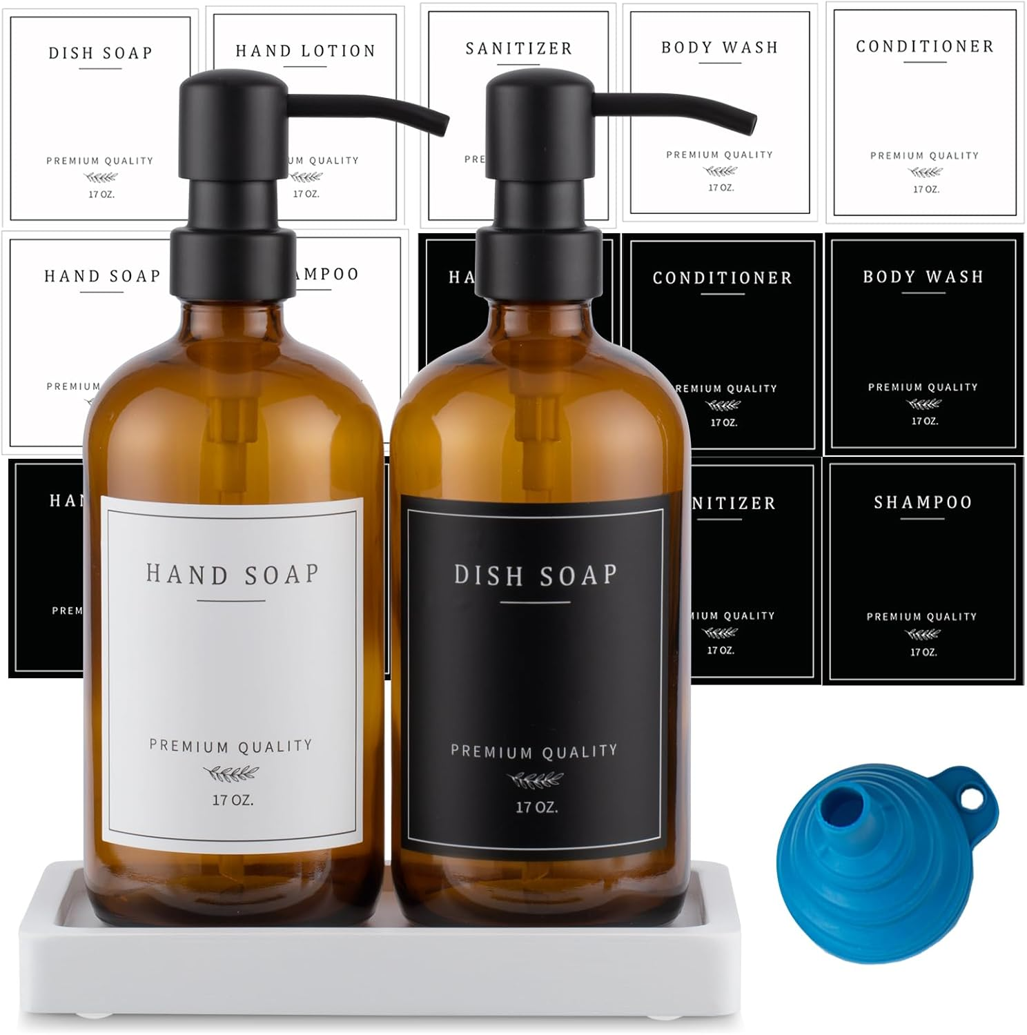 Thick Glass Soap Dispenser - Kitchen Dish Hand Soap Dispenser Set,Rustproof Pump Soap Lotion Dispenser Bathroom with Tray,14 Stickers for Kitchen Decor White Bottle/Gold Pump