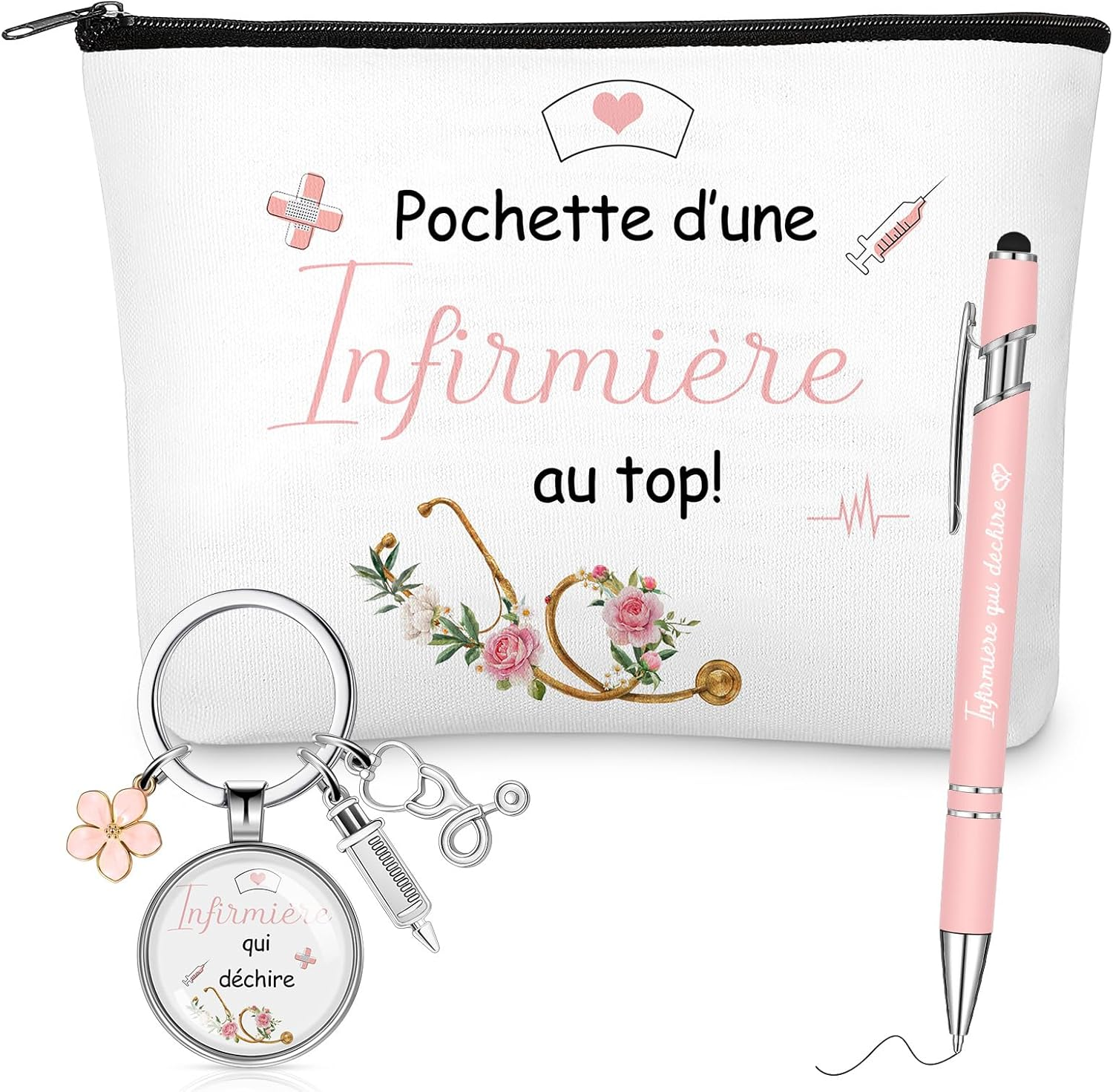 Xuniea Nurse Gift 1 Toiletry Bag 1 Keyring with Flowers, Syringe and Stethoscope 1 Ballpoint Pen Gift for Thank You, Birthday and Christmas for Women Colleagues image number 3