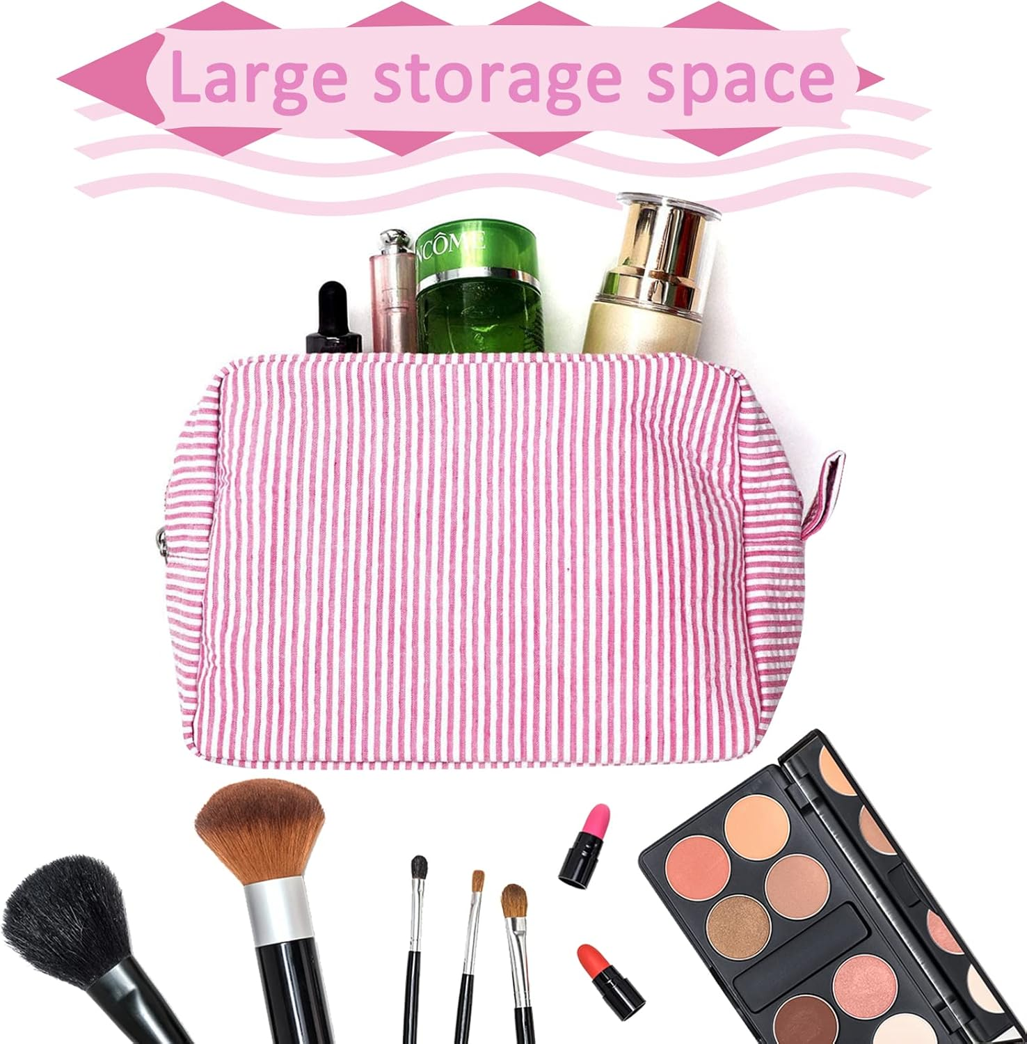 GFU Cosmetic Bag for Women, Large Makeup Bag, Travel Toiletry Stripe Cosmetic Bag, Seersucker Women Aesthetic Organizer Storage Pouch, Girls Handbags Purses (Pink) - Light Blue image number 2