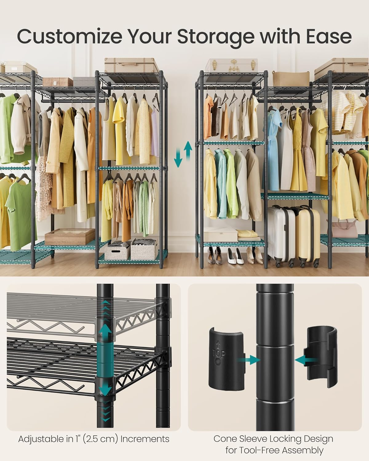 SONGMICS Heavy-Duty Clothes Rack, Garment Rack, Portable Closet, 56.9-Inch Wide Clothing Rack, with Adjustable Mesh Shelves and Hanging Rails, Ink Black ULGR432B01 image number 6