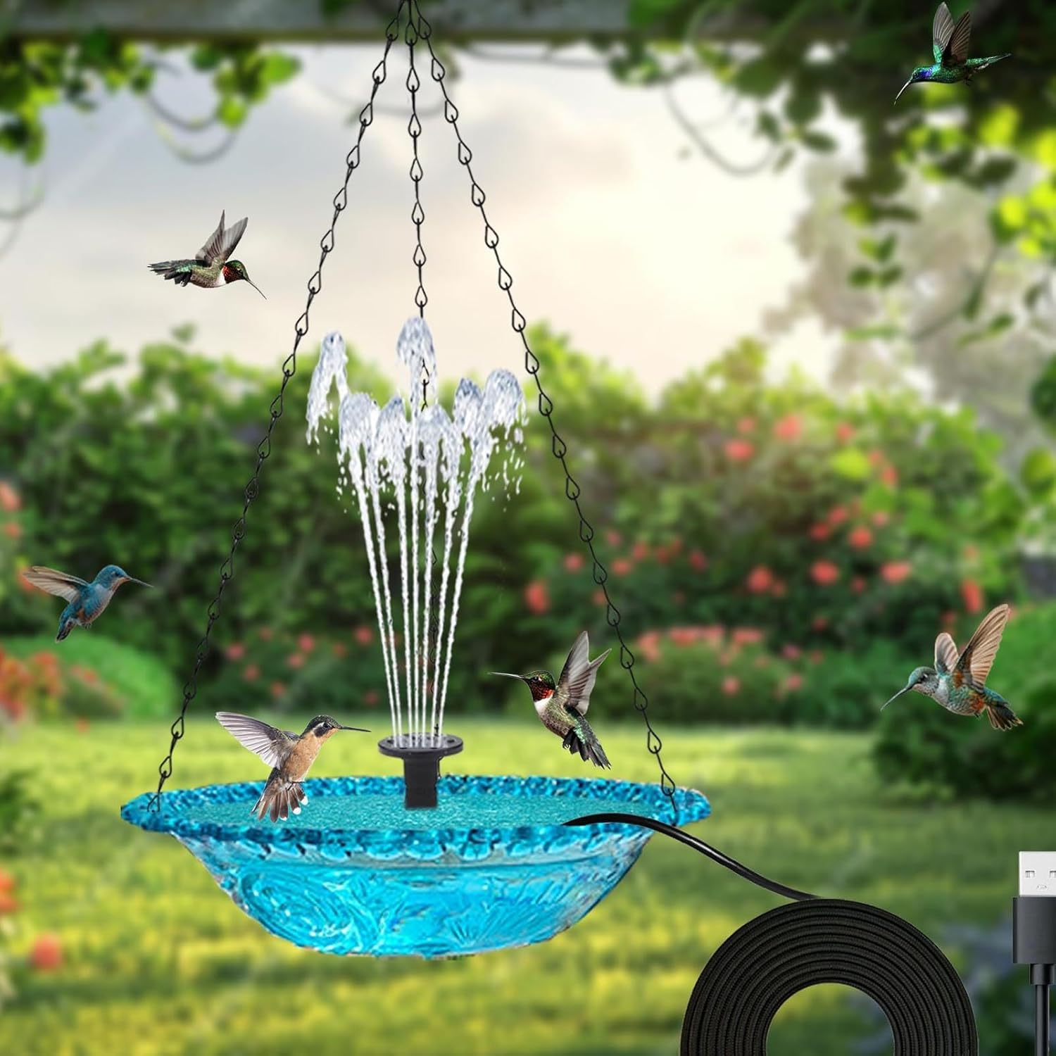 Hanging Bird Bath, Bird Bath Bowl with Fountain USB Powered, Hummingbird Bath Fountain for Outdoor Garden Backyard - Blue image number 3