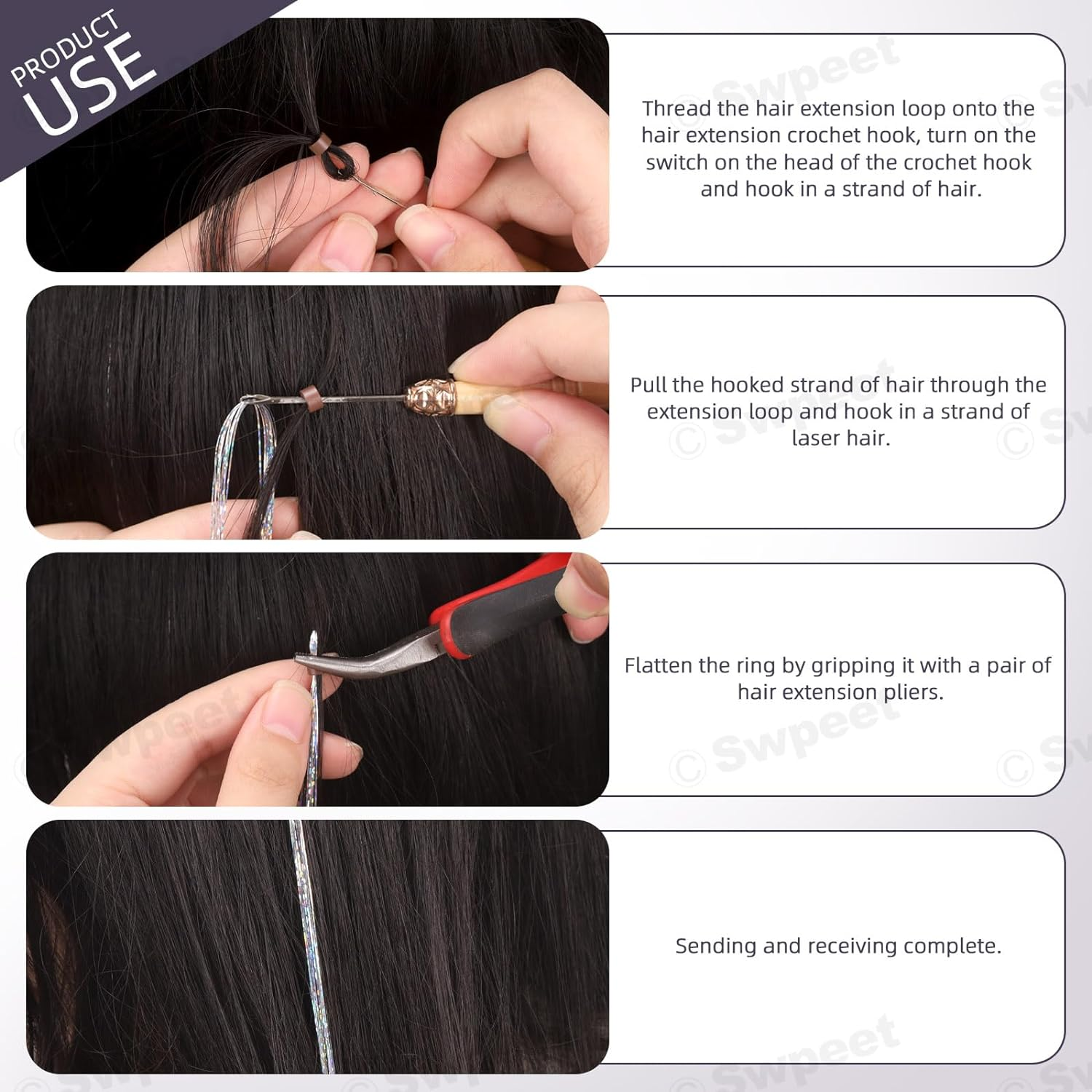 Swpeet 214Pcs 47" Hair Tinsel Kit Including 12 Mixed Colors 2400 Strands Hair Tinsel 200Pcs Silicone Lined Micro Ring Crochet Hook 5" Tweezer for Girl Kids Christmas New Year Halloween Cosplay Party image number 3