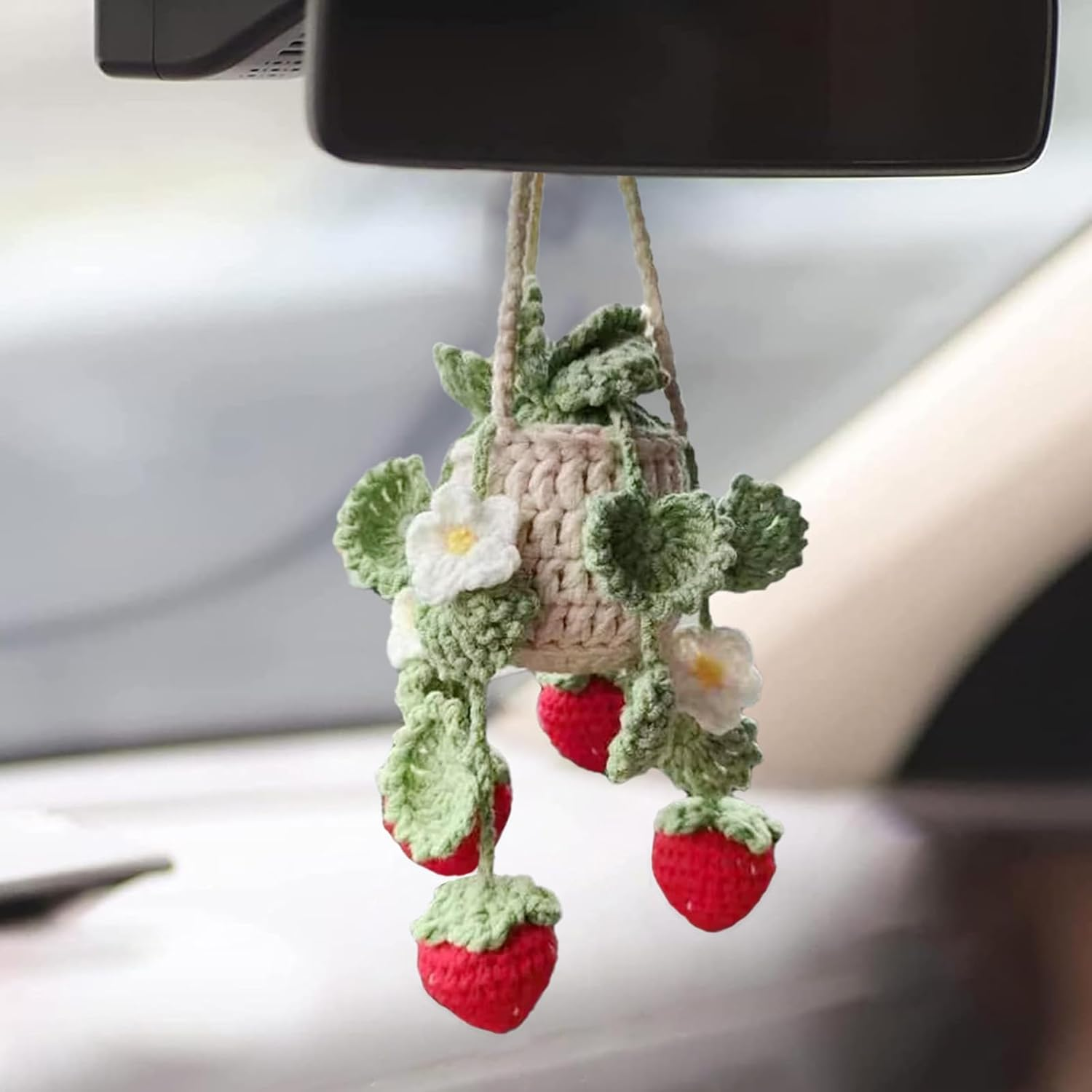 Cute Crochet Plant for Car Rear View Mirror,Boho Handmade Car Mirror Hanging Accessories for Women Girls,Green Interior Aesthetic Decor Truck Hanger Ornament Charm for Men (Red Strawberry Plant)