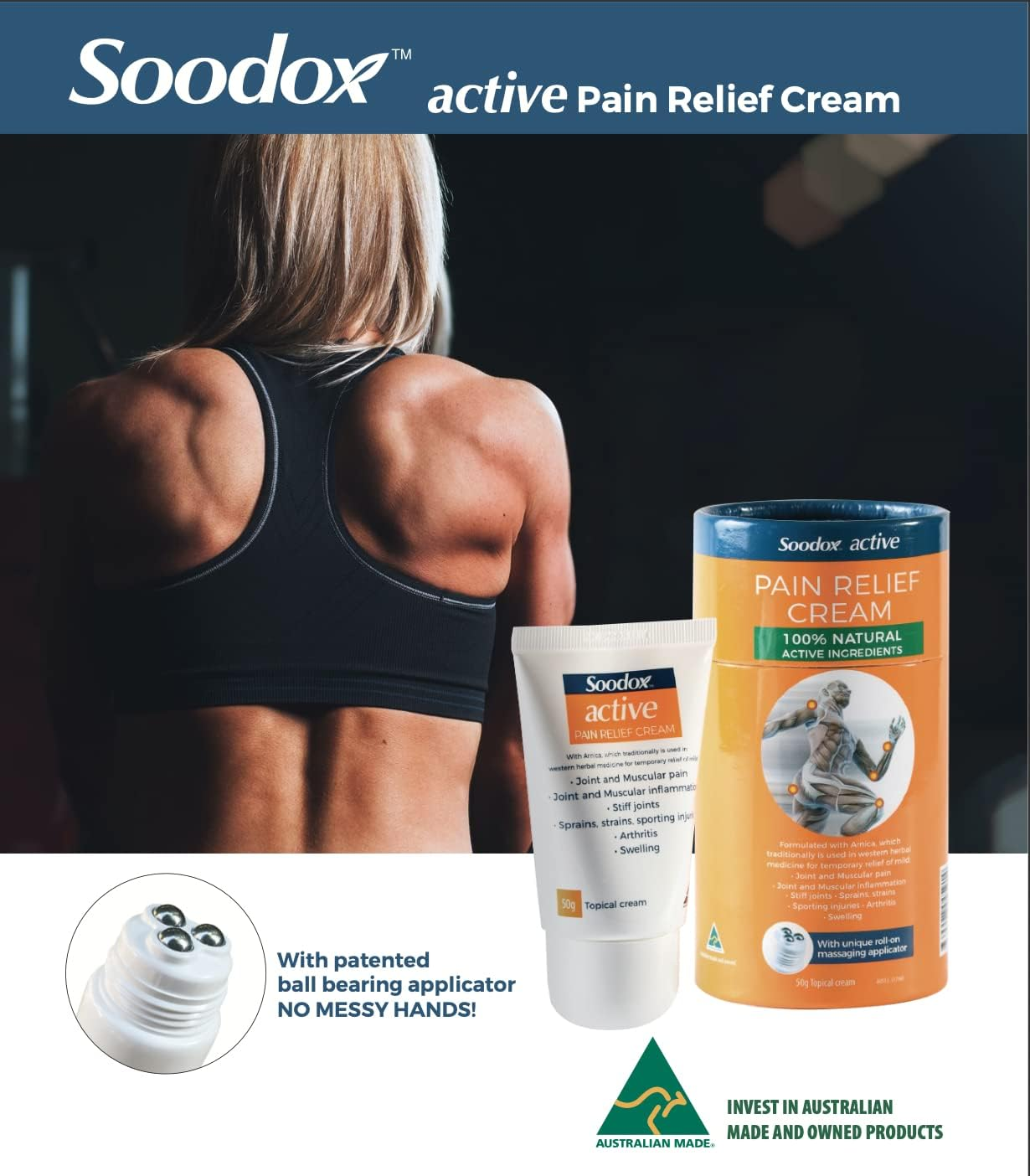 Soodox Active Pain Relief Cream 50G - 100% Natural Active Ingredients | Patented Roll on Massage Applicator - No Messy Hands! image number 5