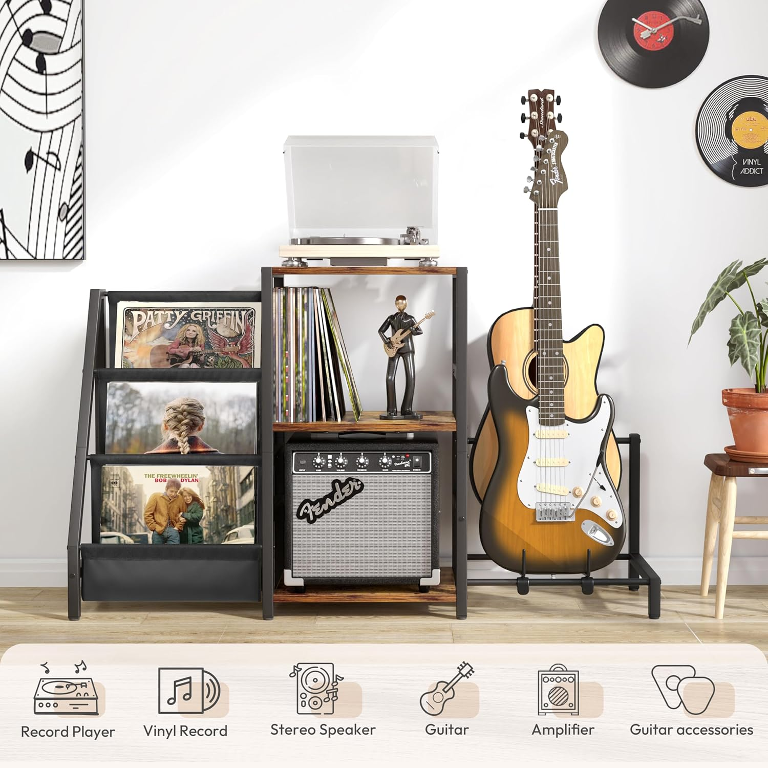 Vinyl Record Storage, Record Player Stand, Guitar Stand for Acoustic, Electric Guitar, Acoustic, Bass with Guitar Amp Stand, 3-Tier Vinyl Record Storage, Record Player Table for Record Player, Speaker, Amplifier - Brown  Black image number 4