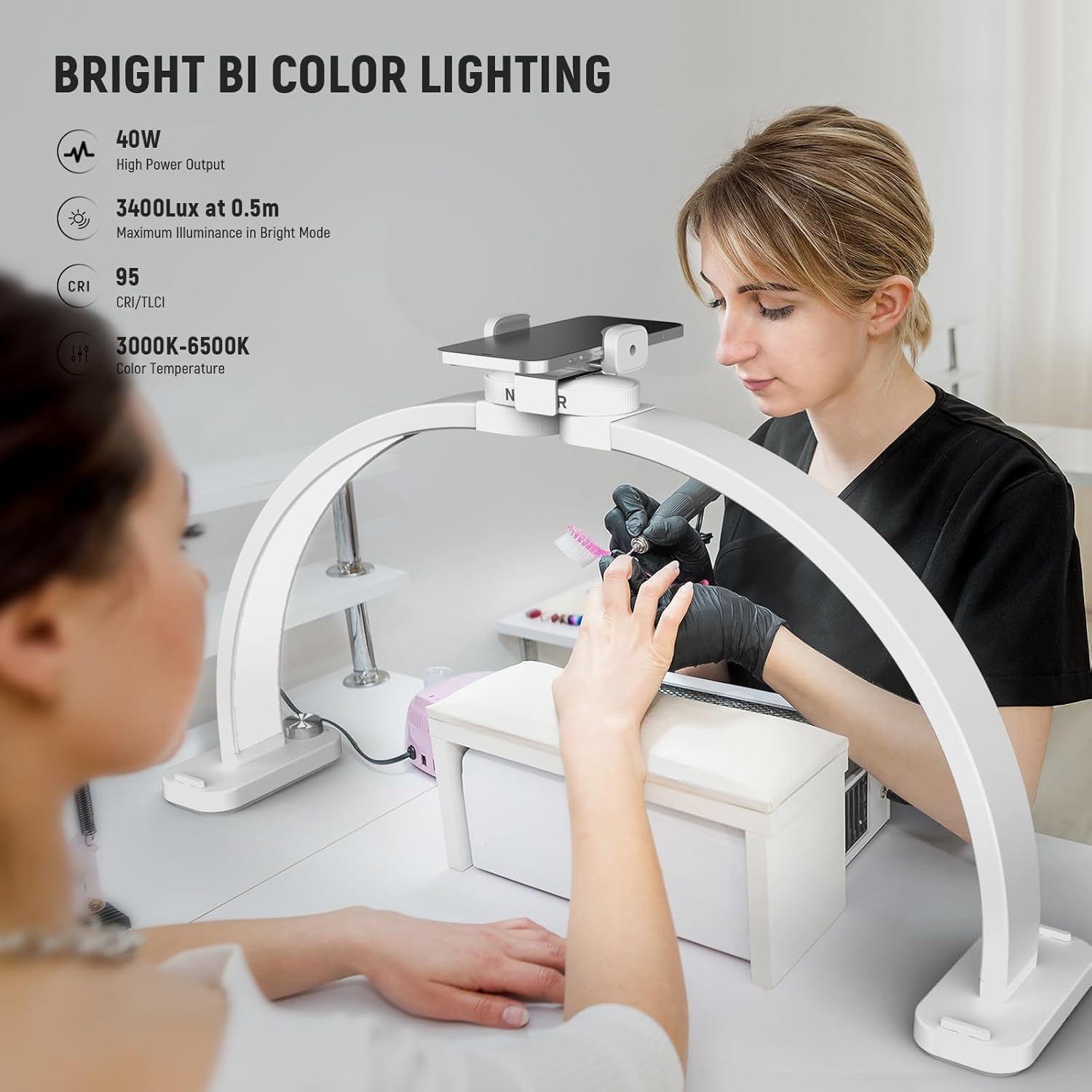 NEEWER BASICS HM01-D 29" Arc Lamp,40W Foldable LED Half Moon Table Nail Tech Light for Desk 3000K-6500K 3400Lux/0.5M CRI95 USB Charging Phone Holder for Manicure Makeup Beauty Tattoo Overhead Shooting image number 4
