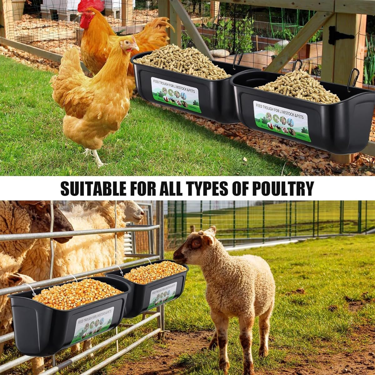 AIMALL Large Hanging Fence Feed Trough for Chicken Duck Goose Goat, Outdoor Livestock Feeder Tub with Carabiners, 11.7X4.9X5.1In - Green image number 4