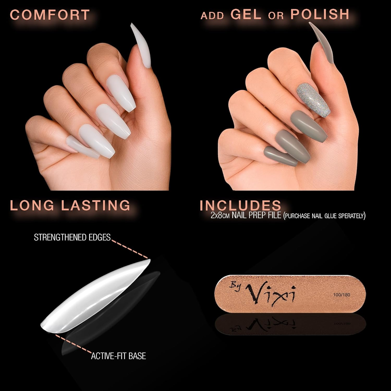 By Vixi 500 LONG COFFIN/BALLERINA NAIL SET with PREP FILE, 10 Sizes - Opaque Express Full Cover False Fingernail Extensions for Salon Professionals & Home Use - Coffin Short image number 7