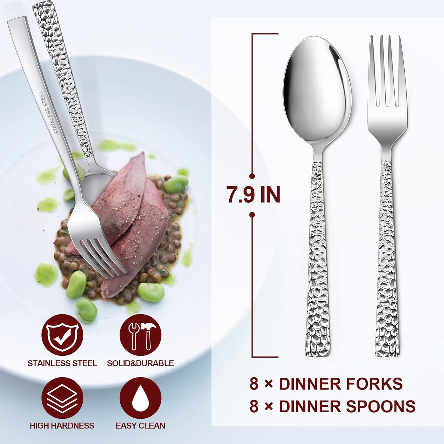 16-Piece Hammered Forks and Spoons Silverware Set, E-Far Stainless Steel Square 8 Dinner Forks and 8 Dinner Spoons, Modern Metal Flatware Cutlery for Kitchen and Restaurant, Dishwasher Safe-7.9 Inch image number 3