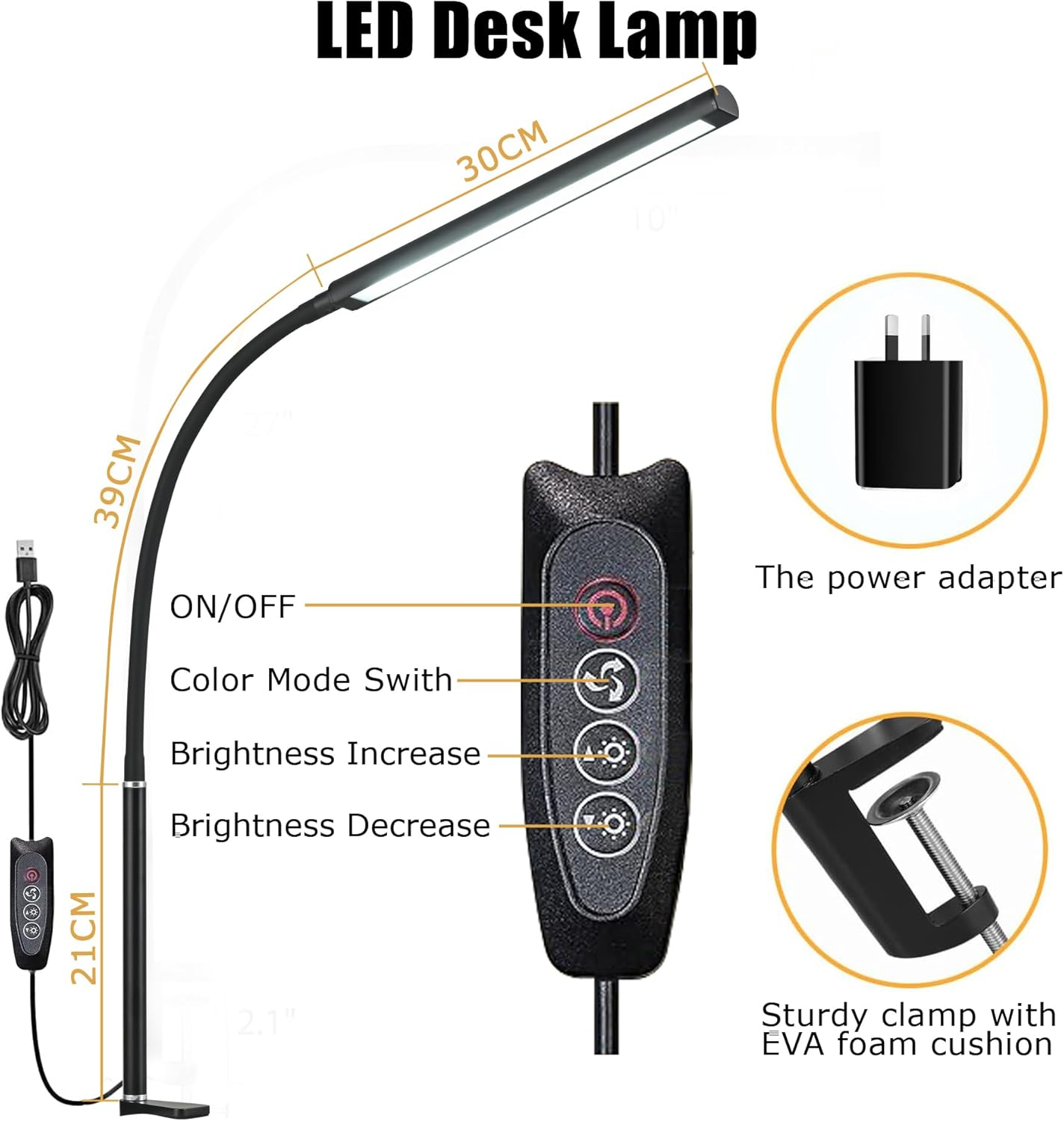 YOUYICI LED Desk Lamp with Clamp, Eye-Caring Clip Lights for Home Office, 3 Colors Stepless Dimming, Flexible Gooseneck Table Lamp with USB Adapter for Reading Working Workbench Drawing Gaming (Black) - Black image number 2