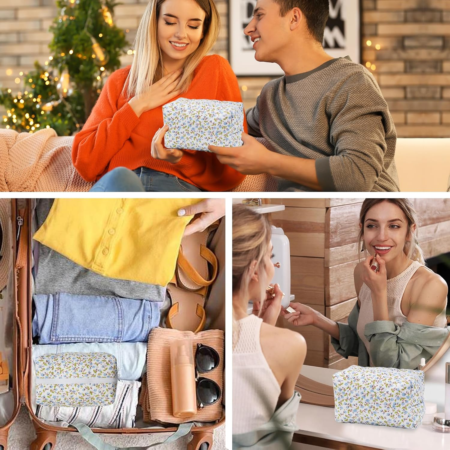 Cotton Quilted Makeup Bag, Cute Pouch Toiletry Bag Cosmetic Bag Quilted Floral Organizer Bag Travel Coquette Aesthetic Portable Storage Zipper Purse for Women, Blue, Cute - Pink image number 7