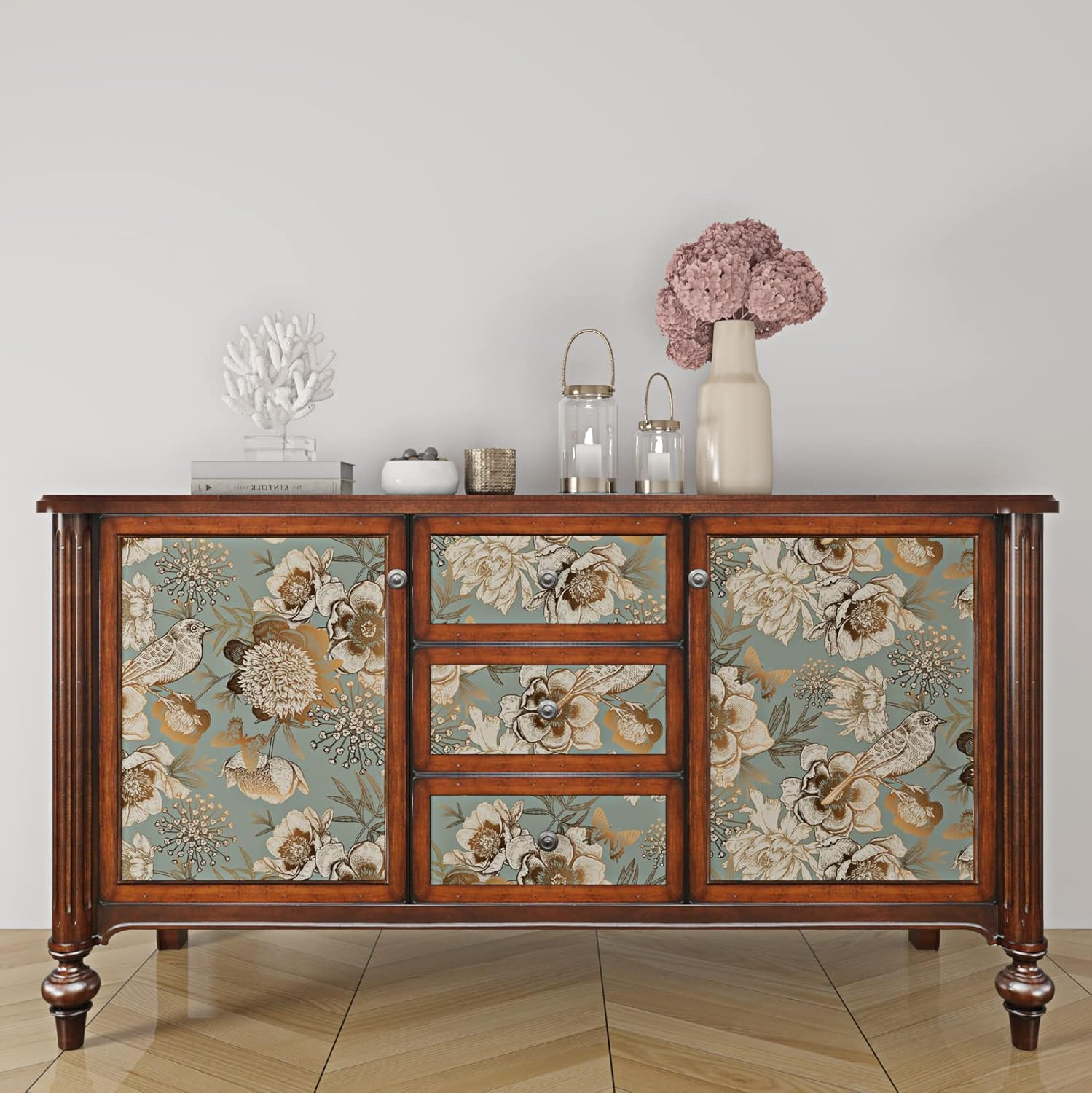 Rewallpaper Vintage Gold Floral Wallpaper Garden Bird Flower Peel and Stick Wallpaper for Bedroom Accent Wall 17.5In X 10Ft Dark Cyan Teal Contact Paper for Cabinets Peel & Stick Vinyl Wall Paper image number 6