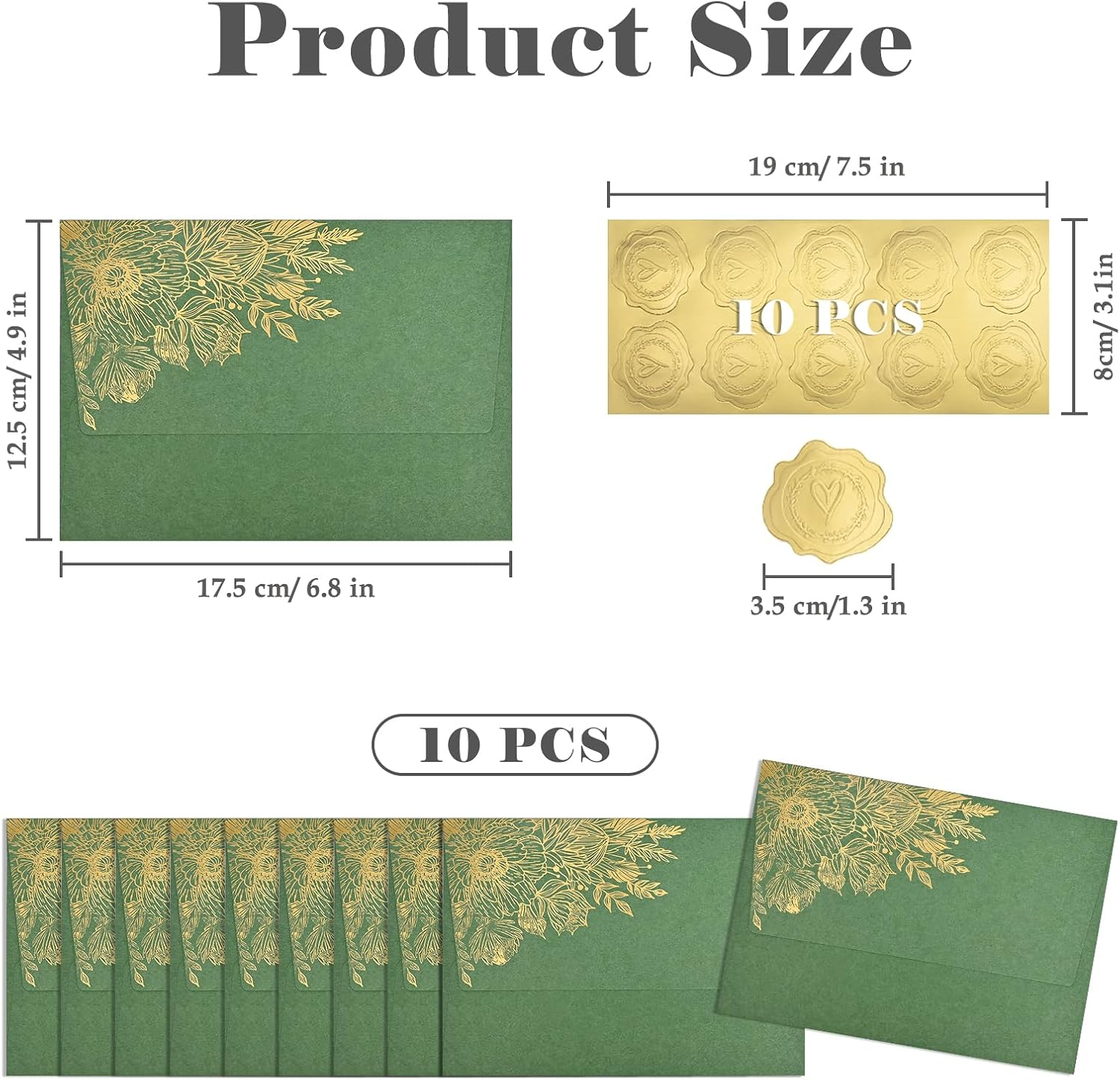 BAYTORY 10 Packs 4X6 Vintage Envelopes with Golden Flower Pattern, A6 Envelopes for Invitation, Greeting Card Envelope with Sealing Stickers for Weddings, Birthday, Graduation, Christmas (Green)