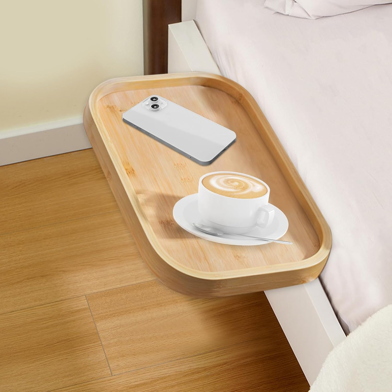 Bedside Shelf, round Edge Space Saving Wooden Bedside Clip-On Table, 1-8Cm Adjustable Safe Modern Simple Stable Bed Side Table for Bedroom (Wood) image number 2