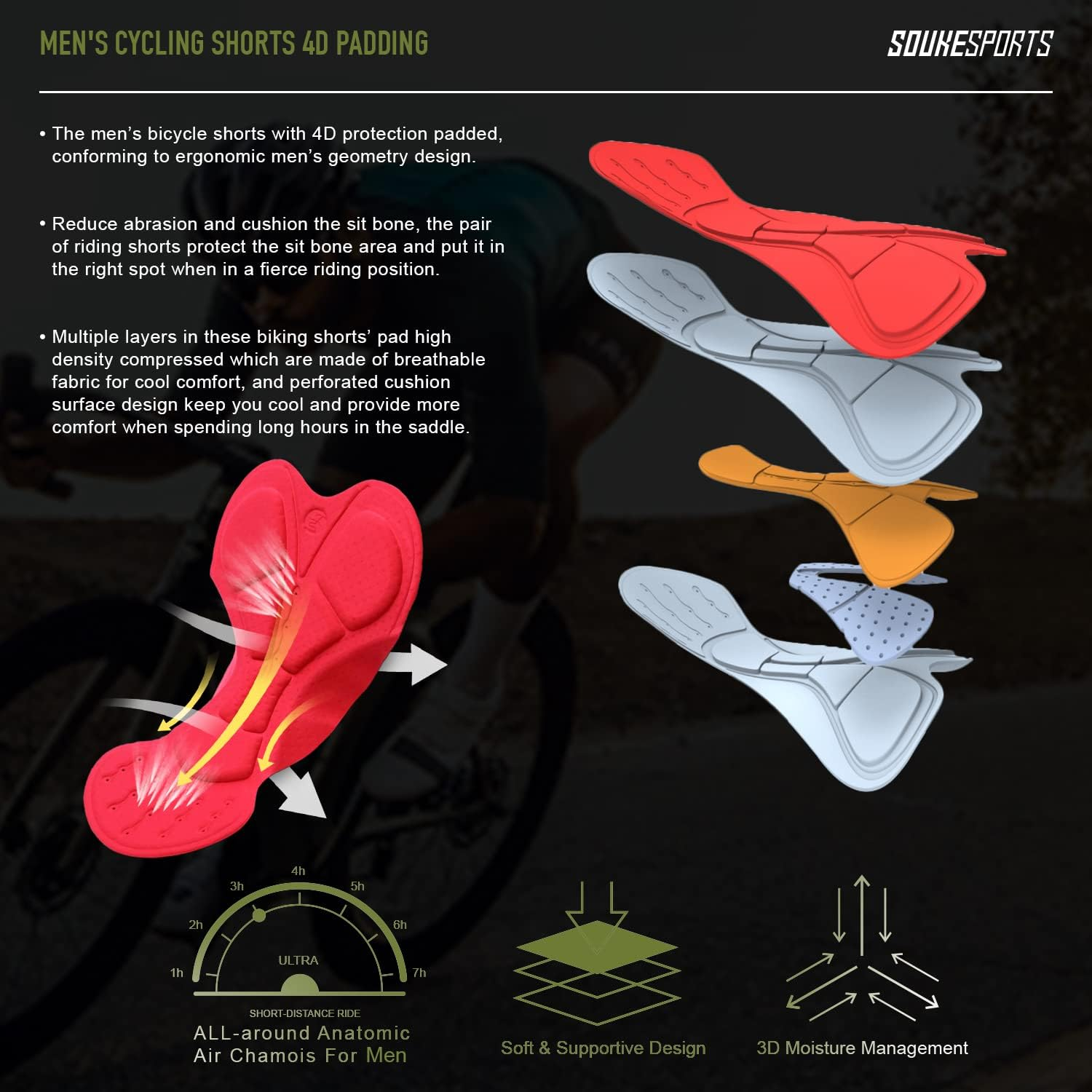 SOUKE Men'S Cycling Shorts Padded 4D Bike Biking Half Pants Bicycle Riding Quick-Dry Tights with Pocket image number 5