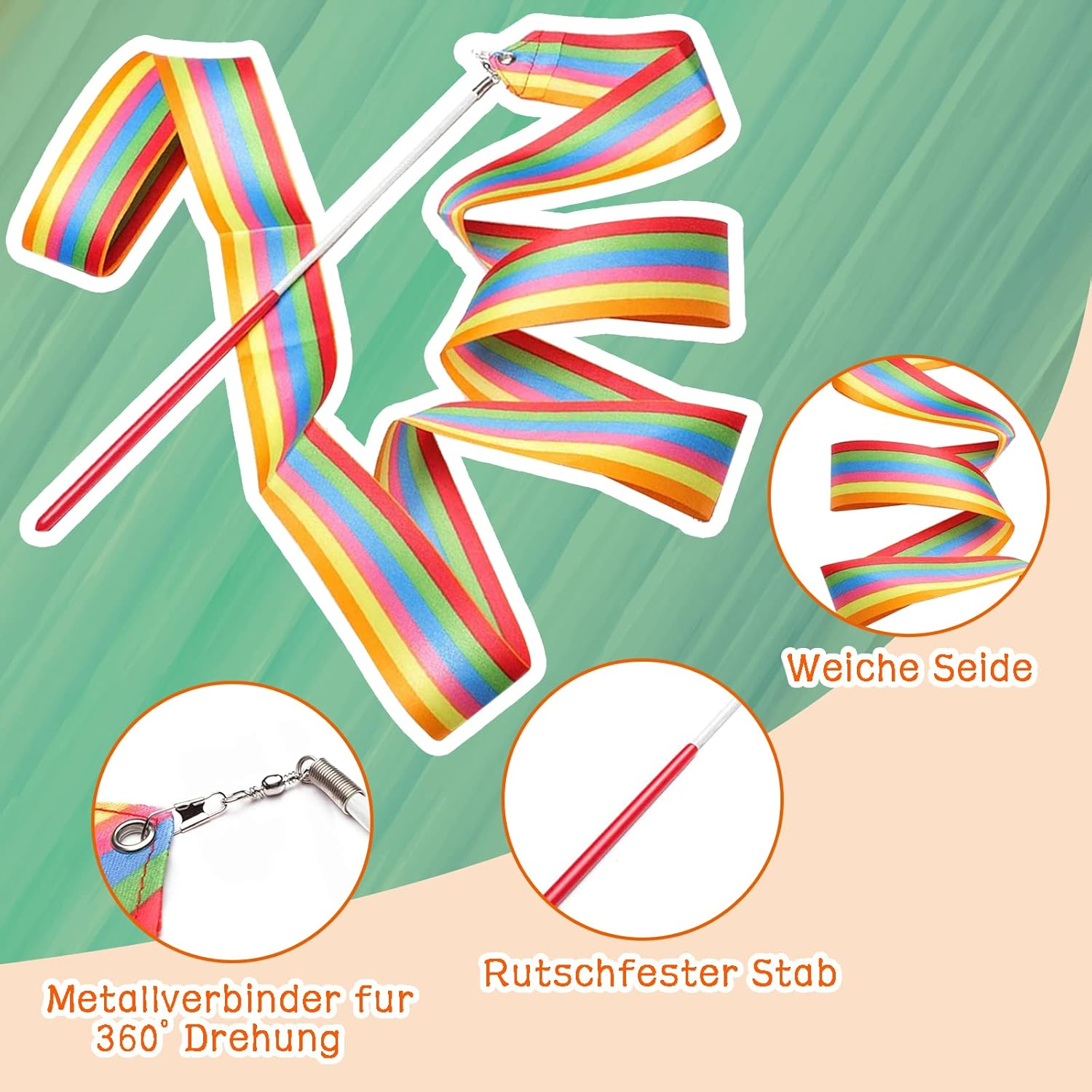 10 Pieces 2 Metre Art Gymnastics Rhythmic Band Swirling Baton Bar, Gym Dance Ribbon Wall Streamer and Stick for Children, Rainbow - Multi-Coloured image number 7