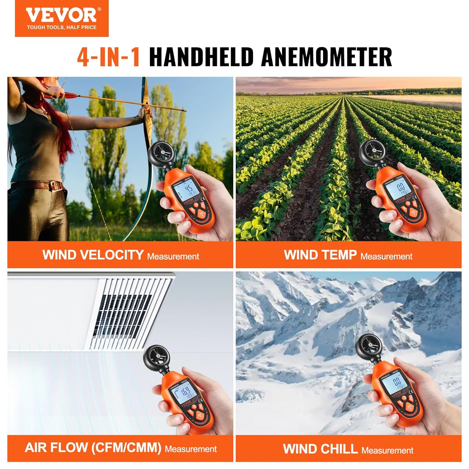 VEVOR Handheld Anemometer, -10℃ to 45℃, Digital Wind Speed Meter Gauge with LED Backlight Screen, Measures Wind Velocity Temperature Air Flow, for Sailing Surfing Drone Flying HVAC image number 3