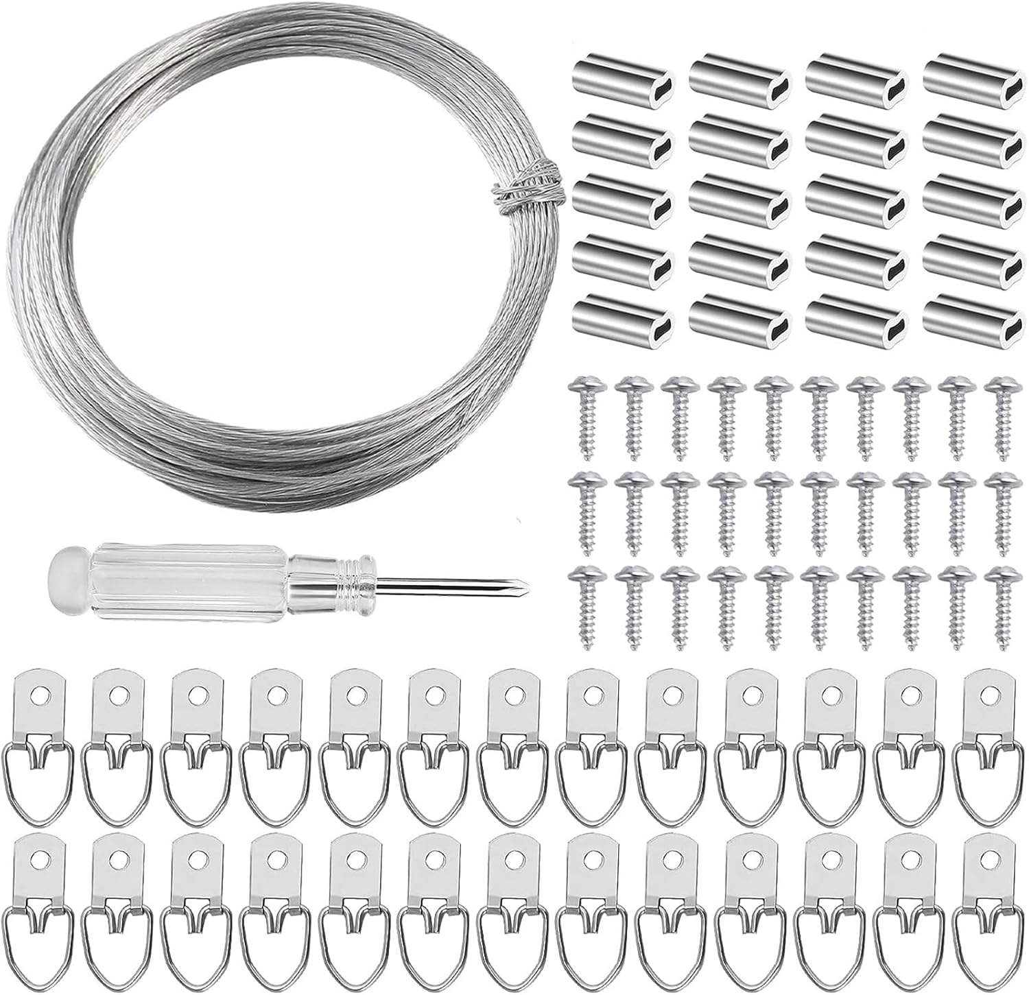 100 Feet Picture Hanging Wire Kit, Heavy Duty Wire Picture Hanging for Photo Mirror Frame Artwork, Included D Ring Picture Hangers, Screws, Aluminum Sleeves, Screwdriver, up to 30Lbs
