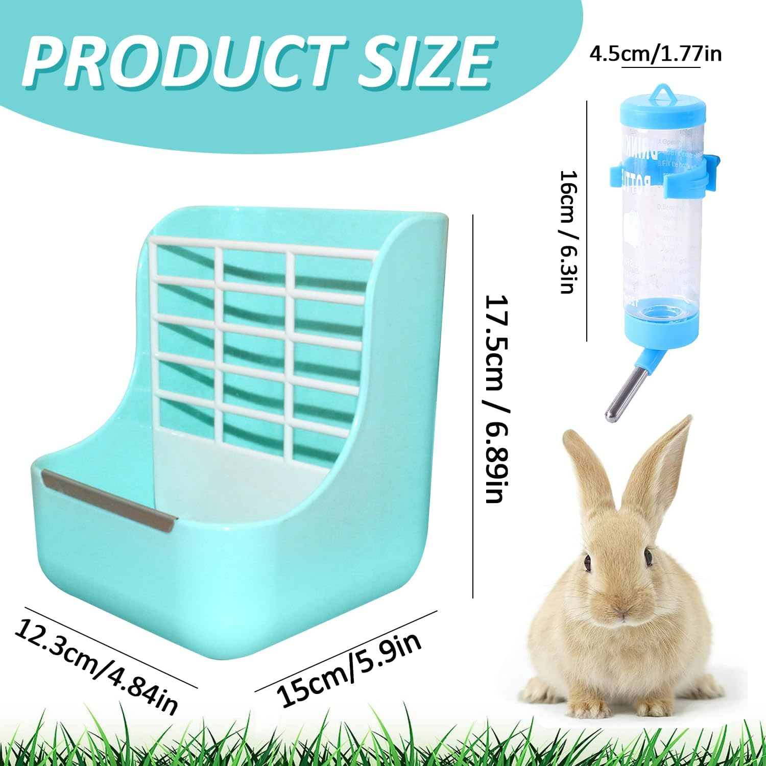 Rabbit Feeder and Water Dispenser Set, Hanging Hay Food Bin, 2 in 1, Food Bowl for Bunny, Chinchillas, Guinea Pigs and Other Small Animals, Keep Hay and Pellet Organized (Blue) image number 3