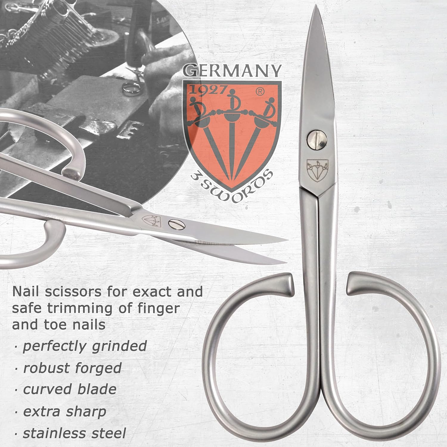 3 Swords Germany - Brand Quality STAINLESS STEEL INOX CURVED NAIL SCISSORS with Case Manicure Pedicure Grooming for Professional Finger & Toe Nail Care by 3 Swords, Made in Solingen Germany (7384) image number 2