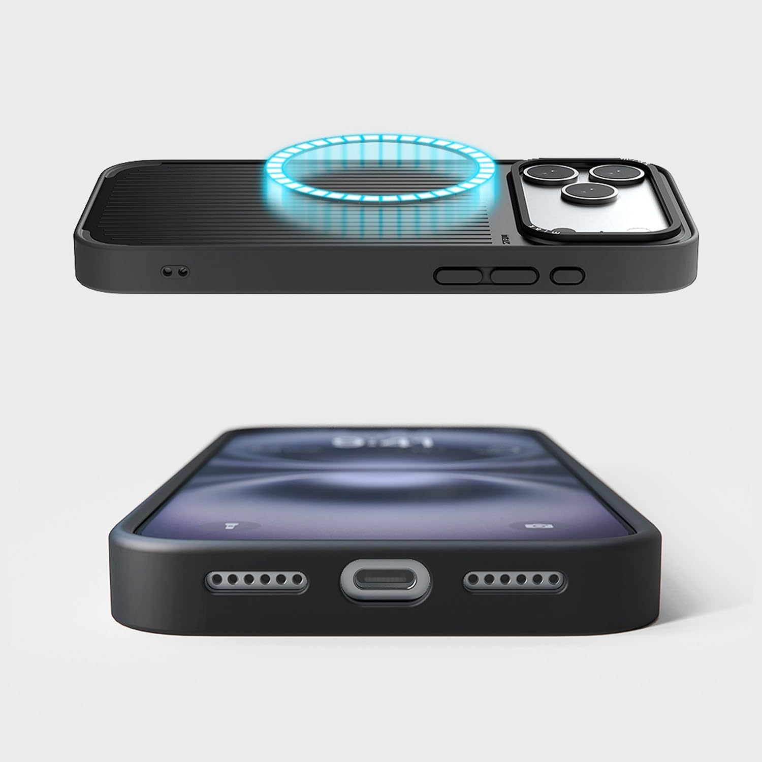 Miak Ma28066I17 Case, Compatible with Magsafe Mod, Stylish Vertical Line Design, Metal Camera Frame, Lens Protection, 4 Corners, Air Cushion, Shock Absorbing, Dustproof, Display Protection Design