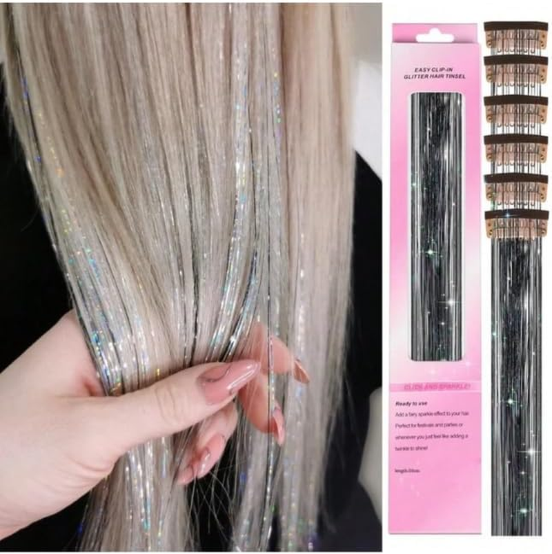 6 Pieces Clip in Glitter Tinsel Hair Extensions. Festival, Party, Dress Up, Glamour, Glitter 20 Inches - Heat Resistant (Bright Blue)