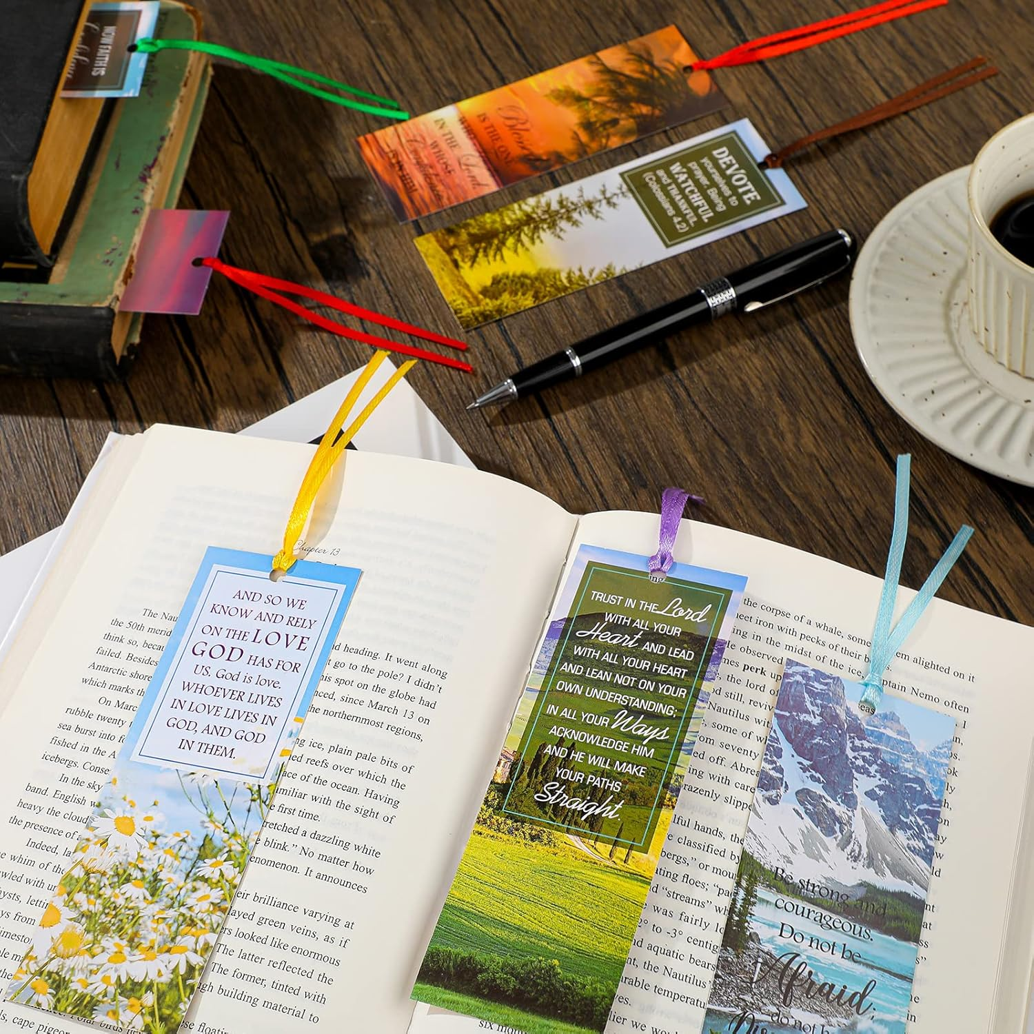 120 Pcs Bible Verse Inspirational Bookmarks Scripture Christian Motivational Bookmarks Encouragement Verse Page Marker with Colorful Ribbons Christmas Gifts for Women Men Church Office Supplies image number 2