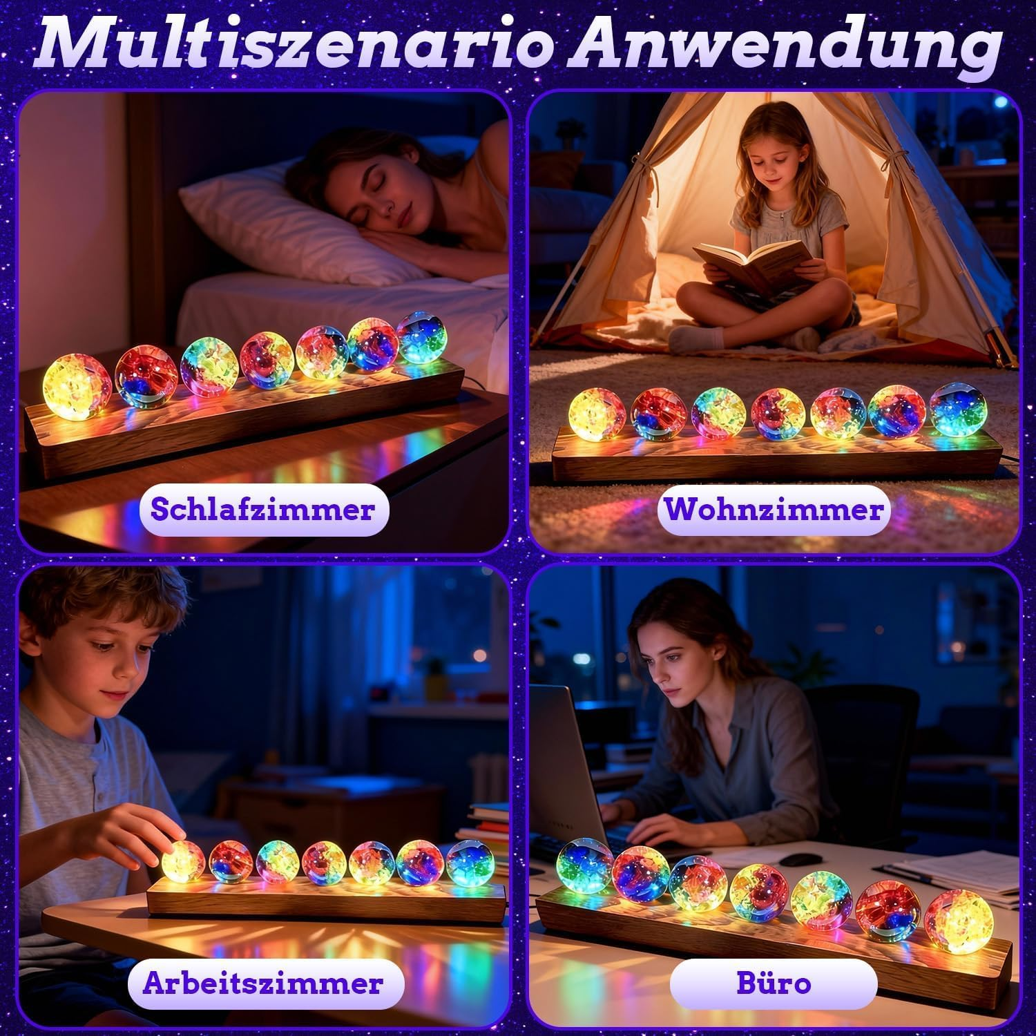 3D Crystal Ball Night Light, LED Ball, Pack of 7 Colourful Glass Crystal Balls with LED Wooden Base, 40 Mm Glass Ball Planet Lamp, Decorative Colourful Crystal Ball for Night Light, Ornaments