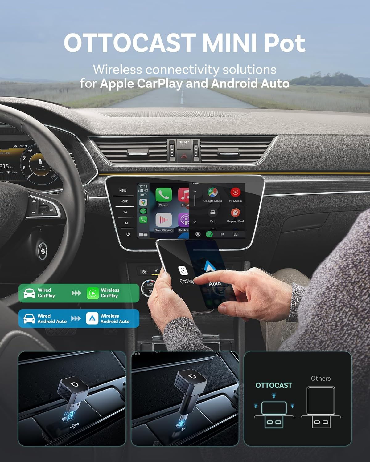 OTTOCAST Mini Pot 2025 2-In-1 Wireless Carplay/Android Auto Adapter, 5Ghz Wifi, Auto Connect for 2016+ Cars