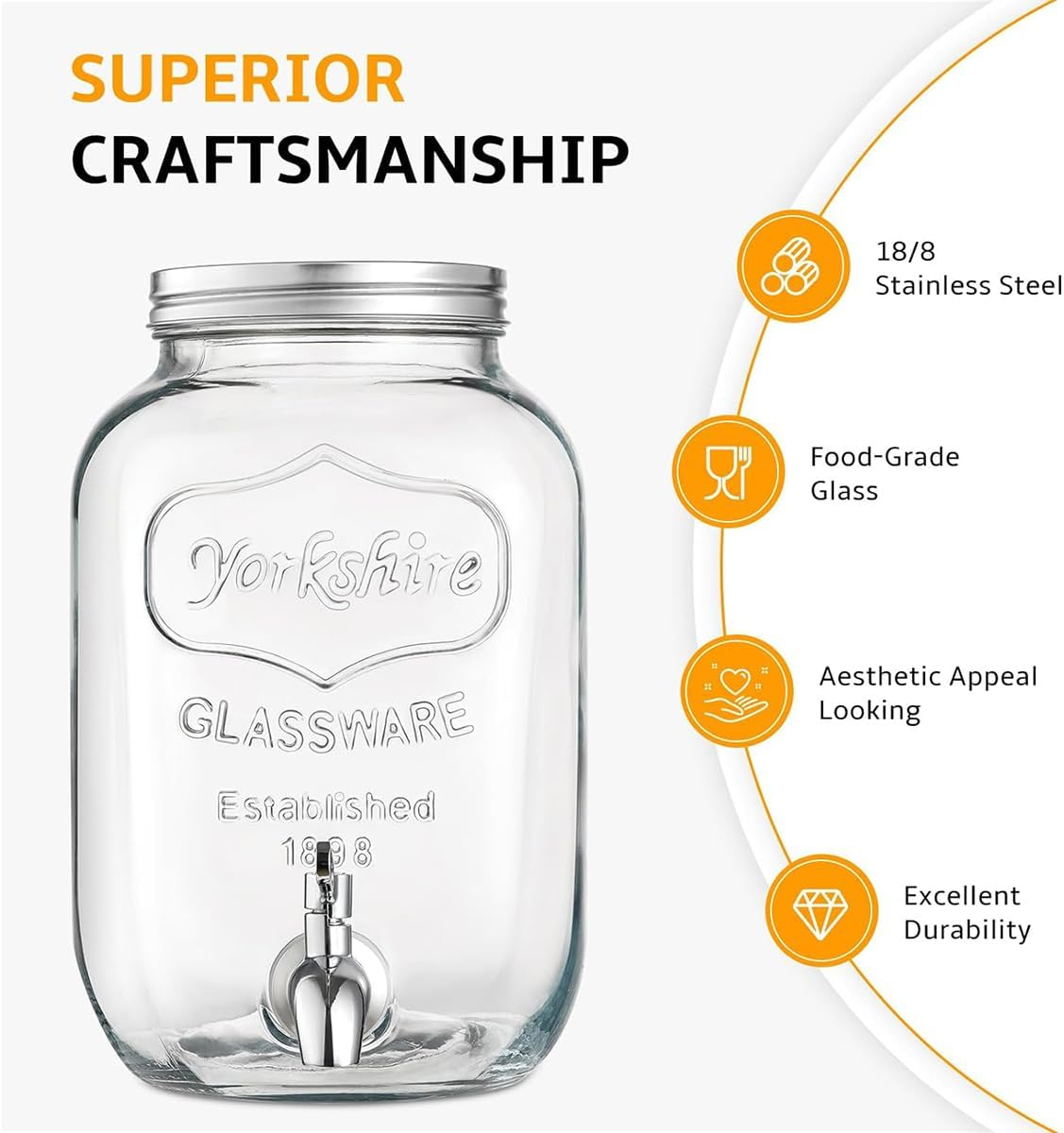 9SHOME 1 Gallon Glass Drink Dispenser with Stand, 2 Pack Beverage Dispenser with Fruit Infuser, Water Juice Lemonade Dispensers with Stainless Steel Spigot & Silicone Coaster for Parties