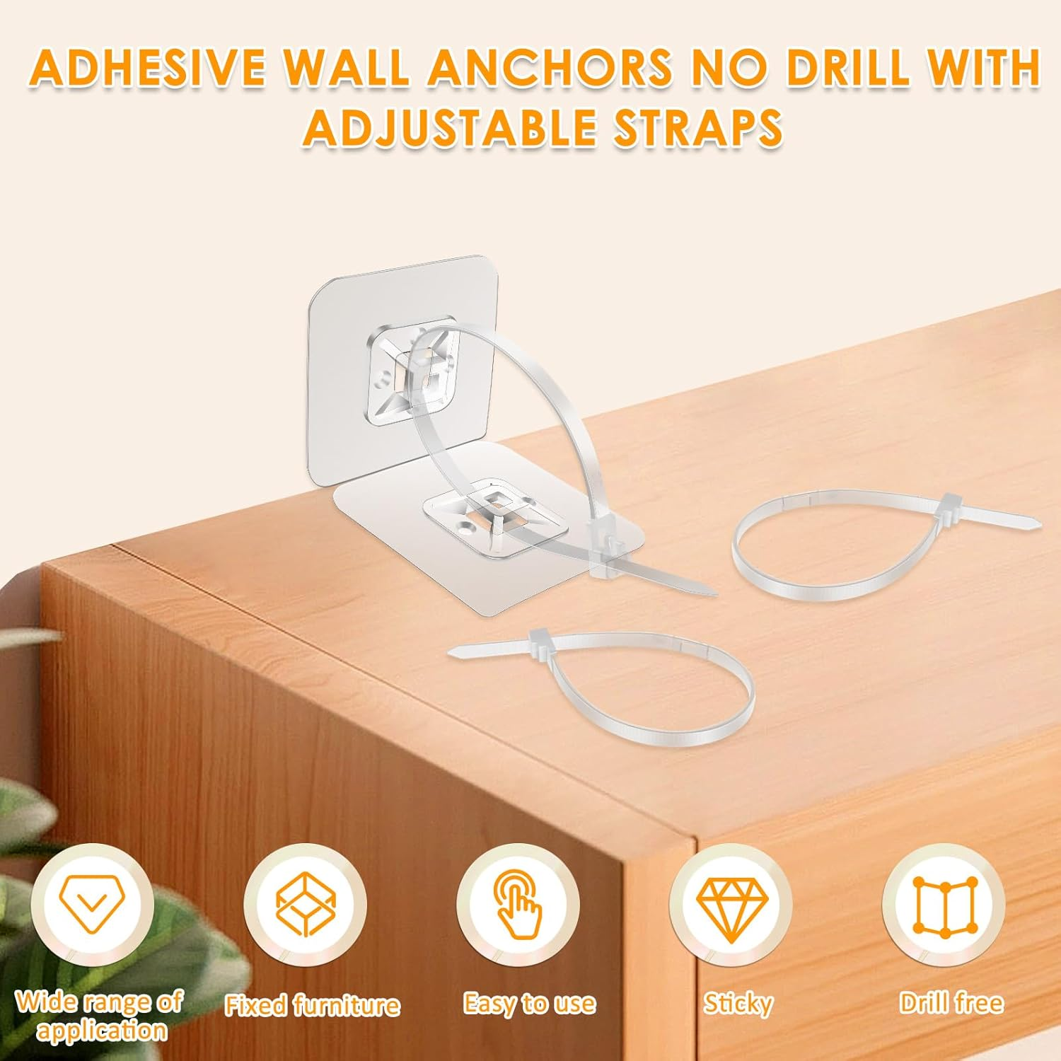 100Pcs Furniture Anchors Plastic Furniture Straps No Drill Adhesive Backed Wall Anchor Straps for Cabinets Bookcases Dressers (100-Pack) image number 3