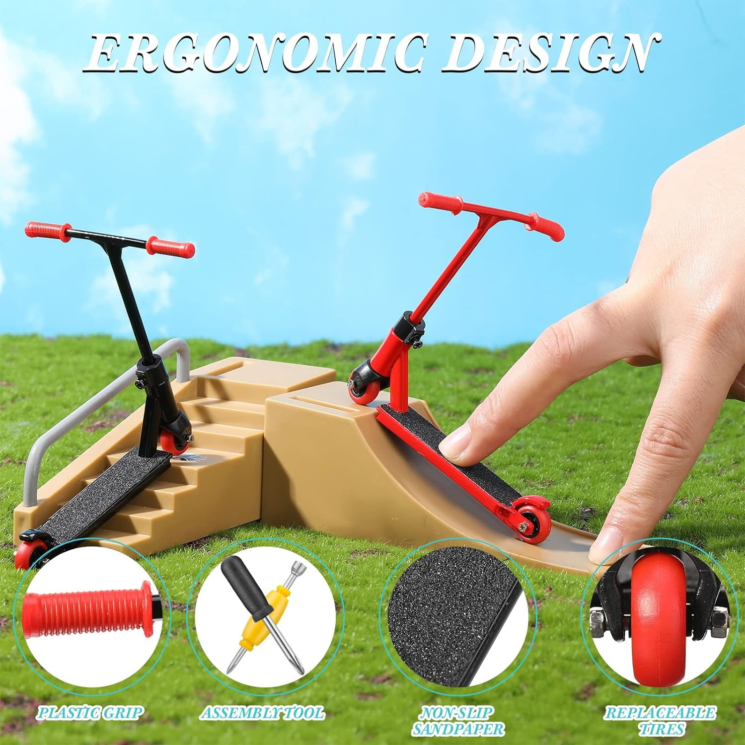 22 Pcs Mini Finger Scooter Toy Set - 2 Sets with Accessories, Finger Pants, Tools, Alloy Board - Interactive Toys for Skateboarder (Red, Black) image number 1